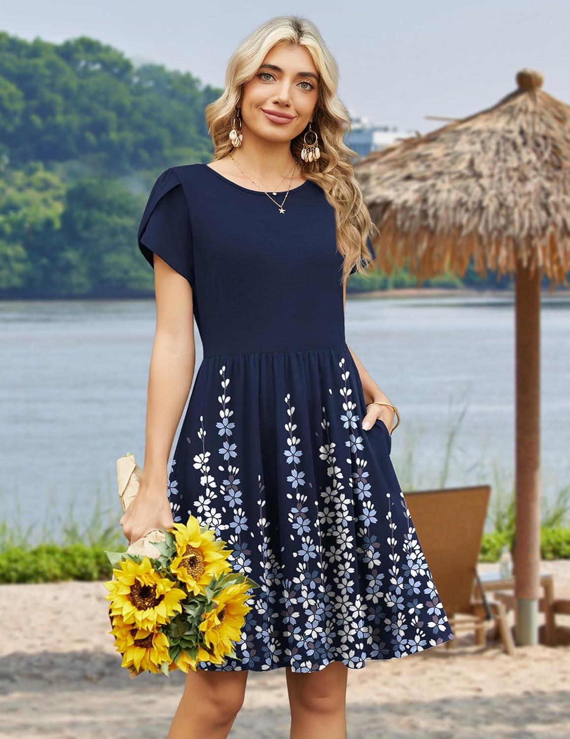 imageZeagoo Women Summer Dress 2026 Short Sleeve Aline Mini Dresses with Pockets Casual Swing Tshirt Dress Vocation Beach SundressNavy Floral