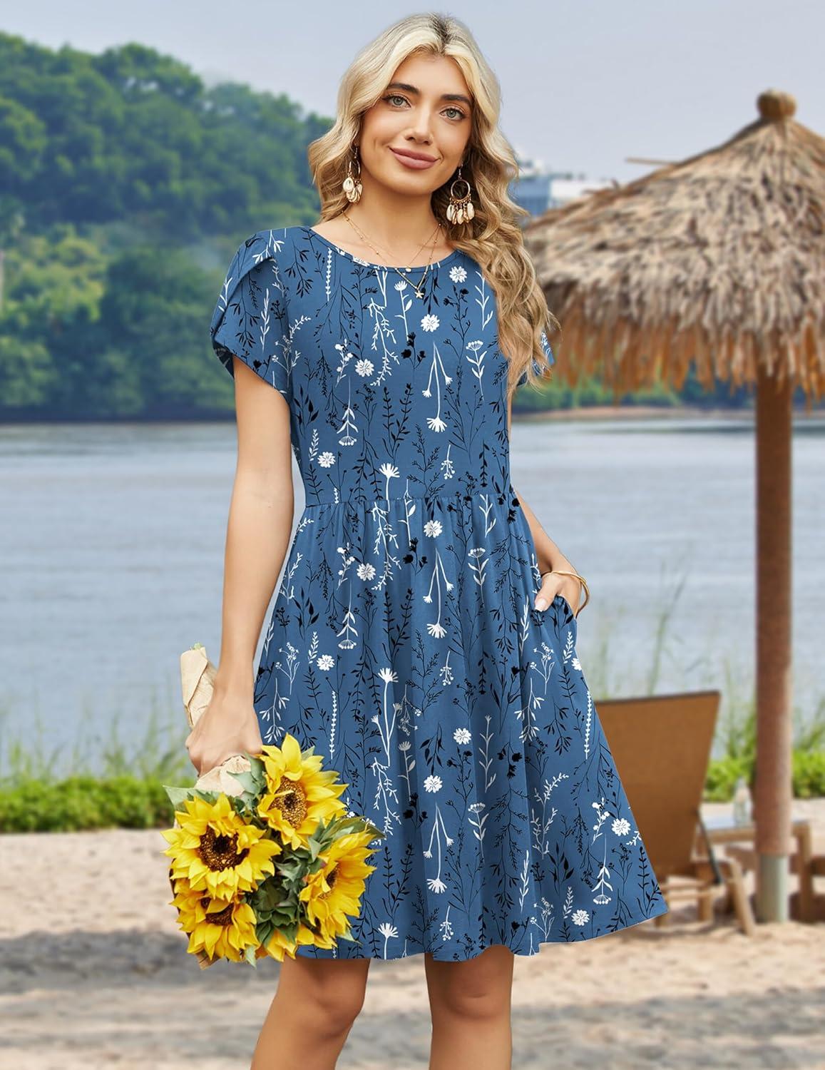 imageZeagoo Women Summer Dress 2026 Short Sleeve Aline Mini Dresses with Pockets Casual Swing Tshirt Dress Vocation Beach SundressSf334