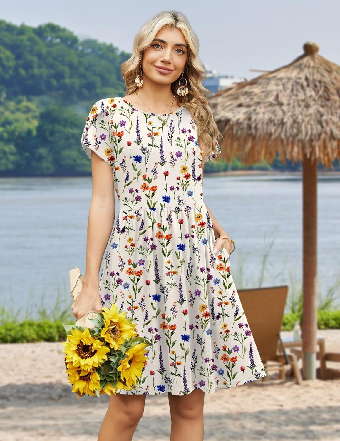imageZeagoo Women Summer Dress 2026 Short Sleeve Aline Mini Dresses with Pockets Casual Swing Tshirt Dress Vocation Beach SundressWhite Print