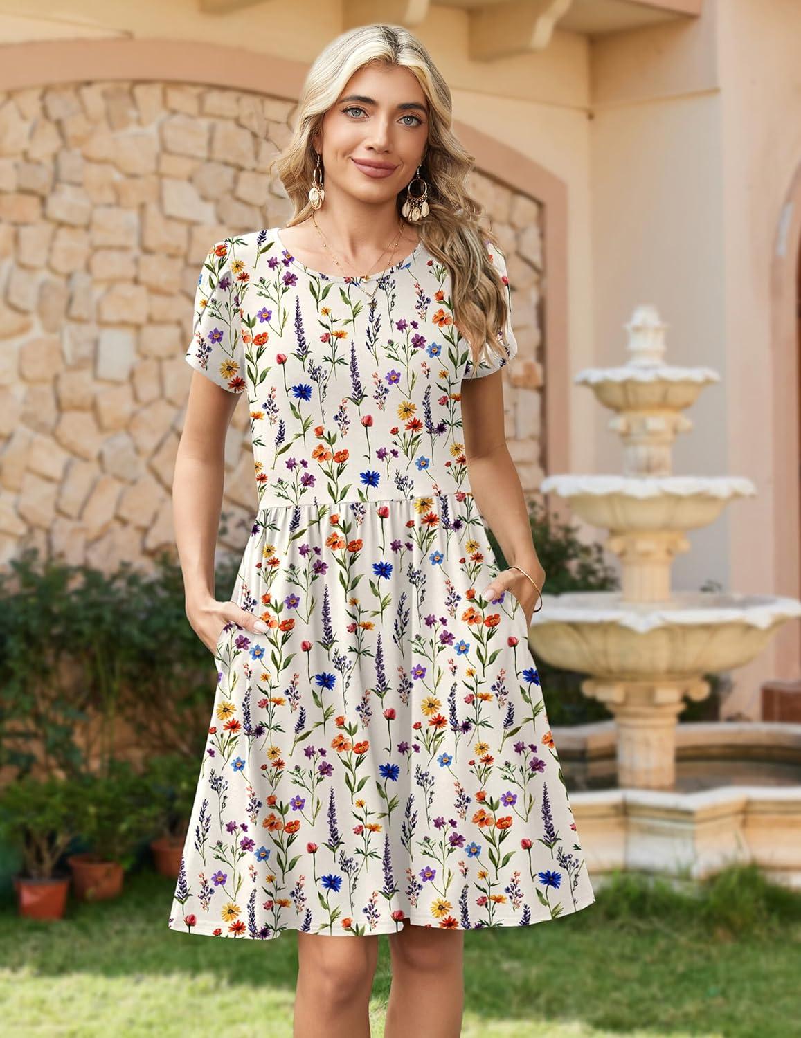 imageZeagoo Women Summer Dress 2026 Short Sleeve Aline Mini Dresses with Pockets Casual Swing Tshirt Dress Vocation Beach SundressWhite Print