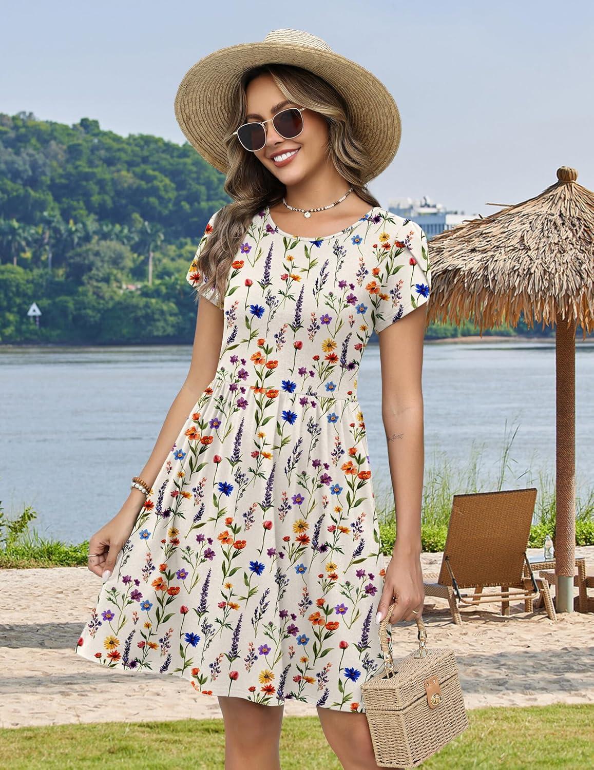 imageZeagoo Women Summer Dress 2026 Short Sleeve Aline Mini Dresses with Pockets Casual Swing Tshirt Dress Vocation Beach SundressWhite Print