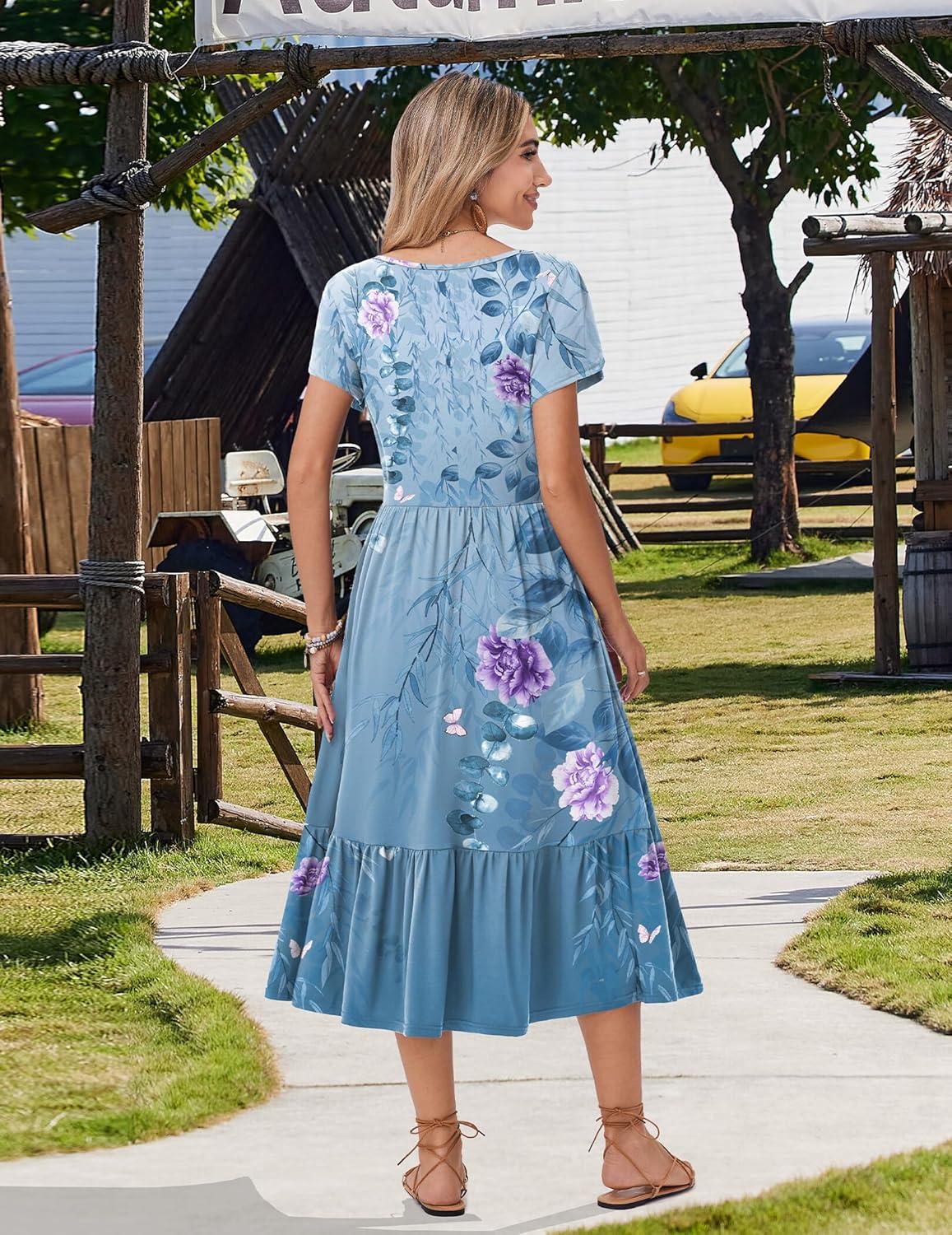 imageZeagoo Women Summer Midi A Line Dress Short Sleeve Casual Flowy Tiered Beach Long Sundress with Pockets 2026 Vacation TravelA02blue Floral2