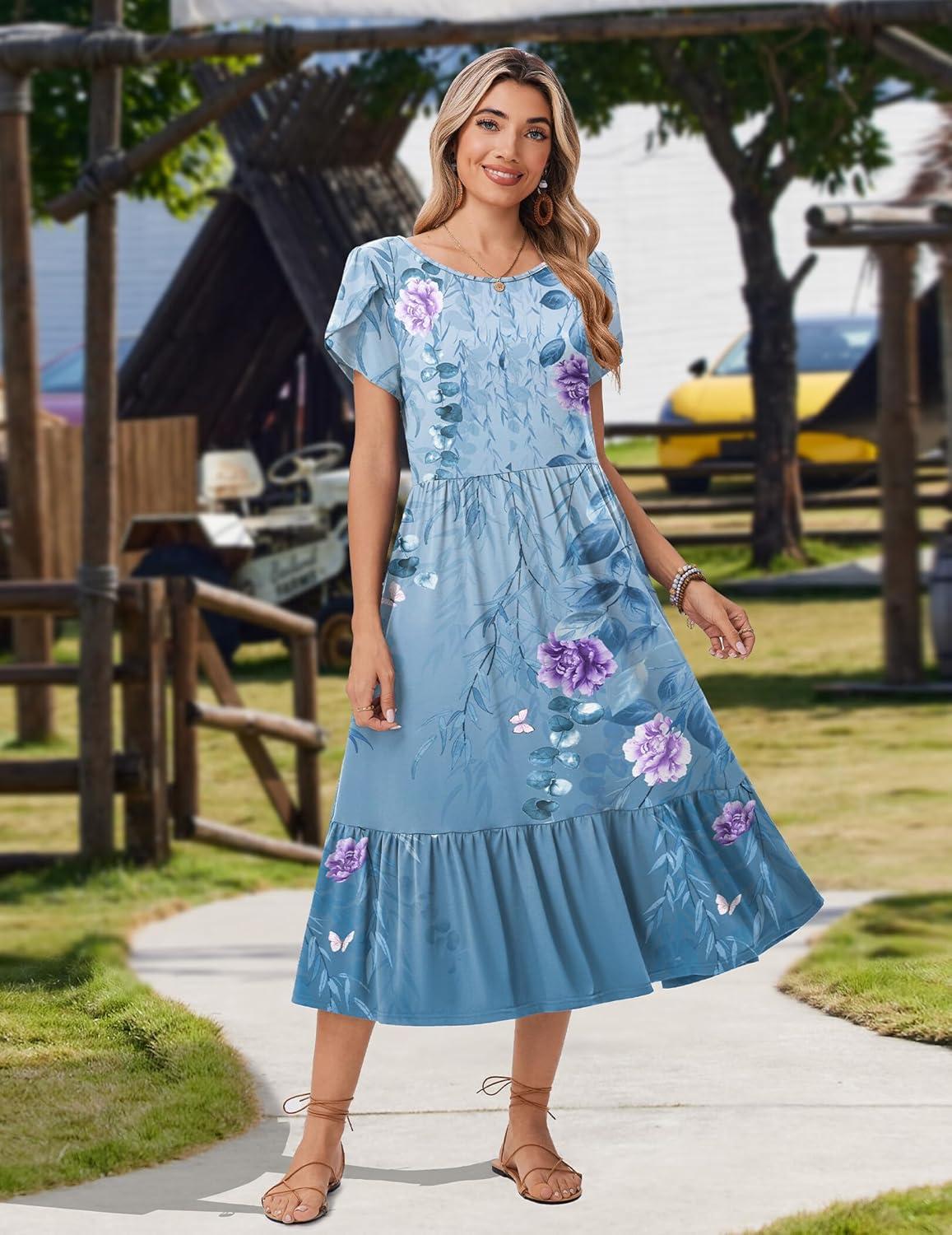 imageZeagoo Women Summer Midi A Line Dress Short Sleeve Casual Flowy Tiered Beach Long Sundress with Pockets 2026 Vacation TravelA02blue Floral2