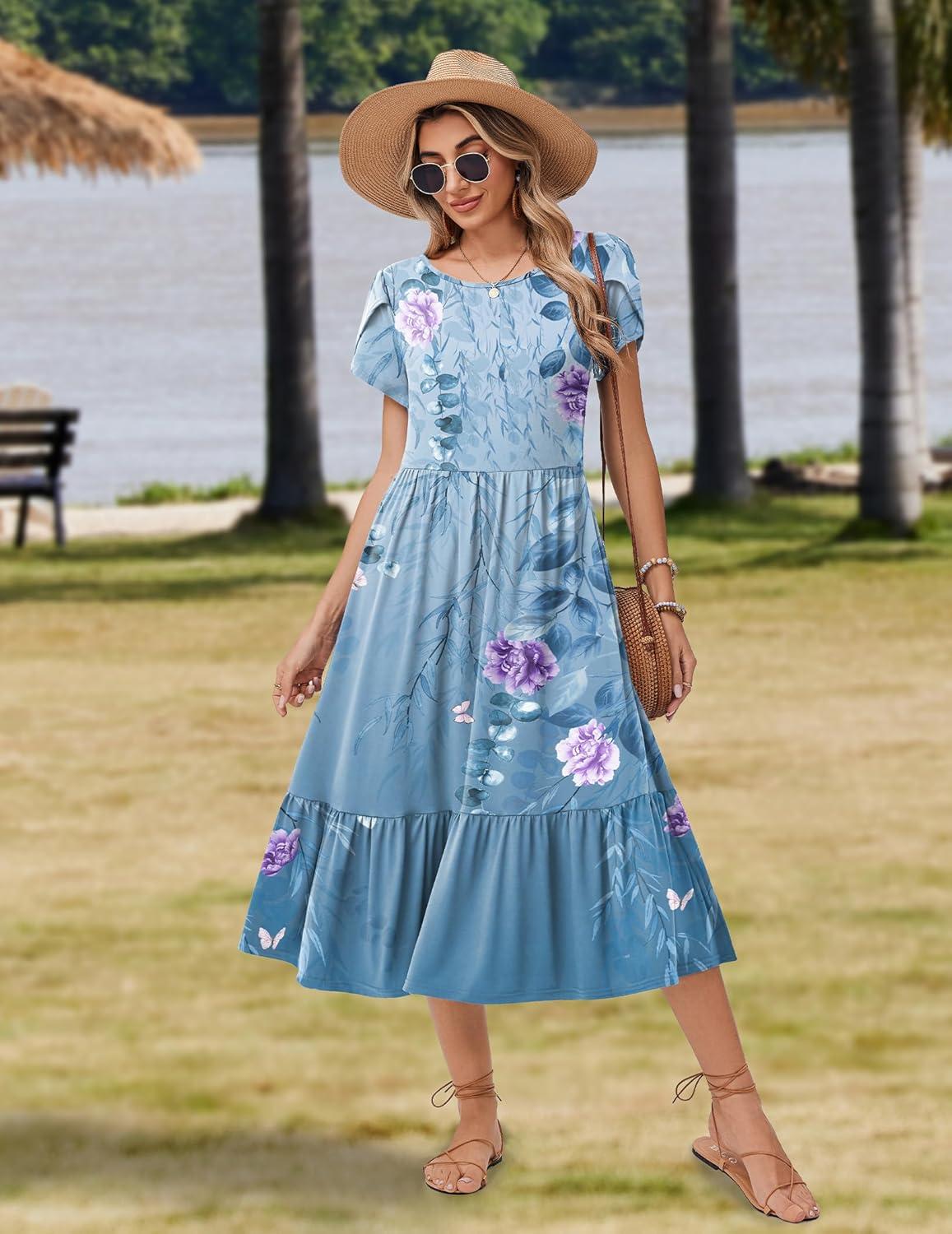 imageZeagoo Women Summer Midi A Line Dress Short Sleeve Casual Flowy Tiered Beach Long Sundress with Pockets 2026 Vacation TravelA02blue Floral2