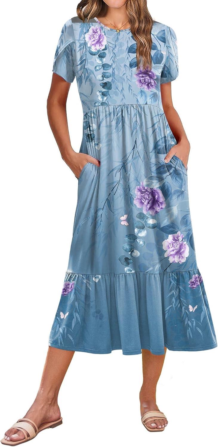 imageZeagoo Women Summer Midi A Line Dress Short Sleeve Casual Flowy Tiered Beach Long Sundress with Pockets 2026 Vacation TravelA02blue Floral2
