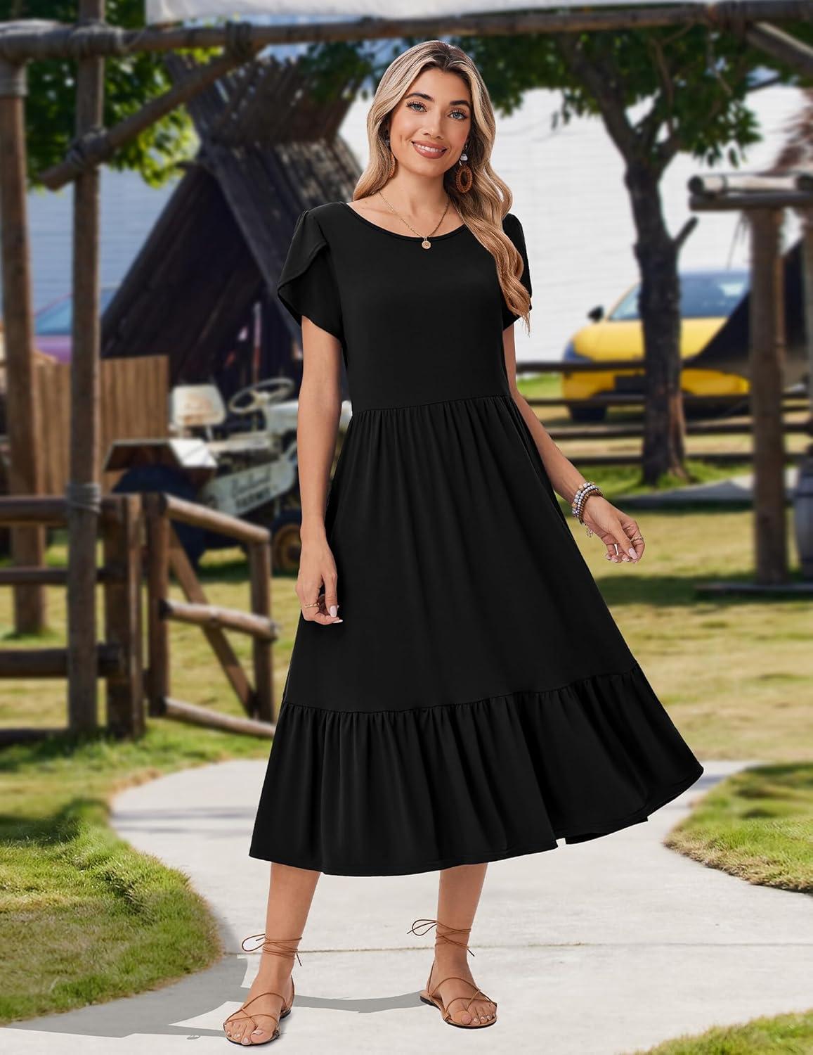 imageZeagoo Women Summer Midi A Line Dress Short Sleeve Casual Flowy Tiered Beach Long Sundress with Pockets 2026 Vacation TravelA03black