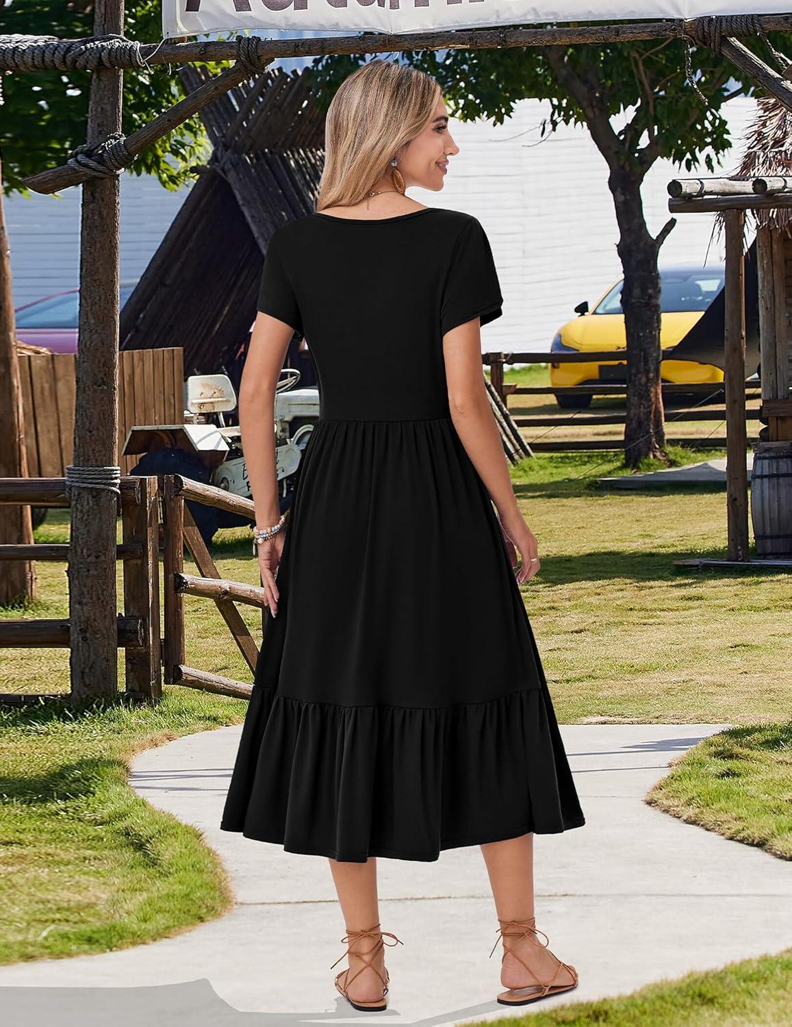 imageZeagoo Women Summer Midi A Line Dress Short Sleeve Casual Flowy Tiered Beach Long Sundress with Pockets 2026 Vacation TravelA03black