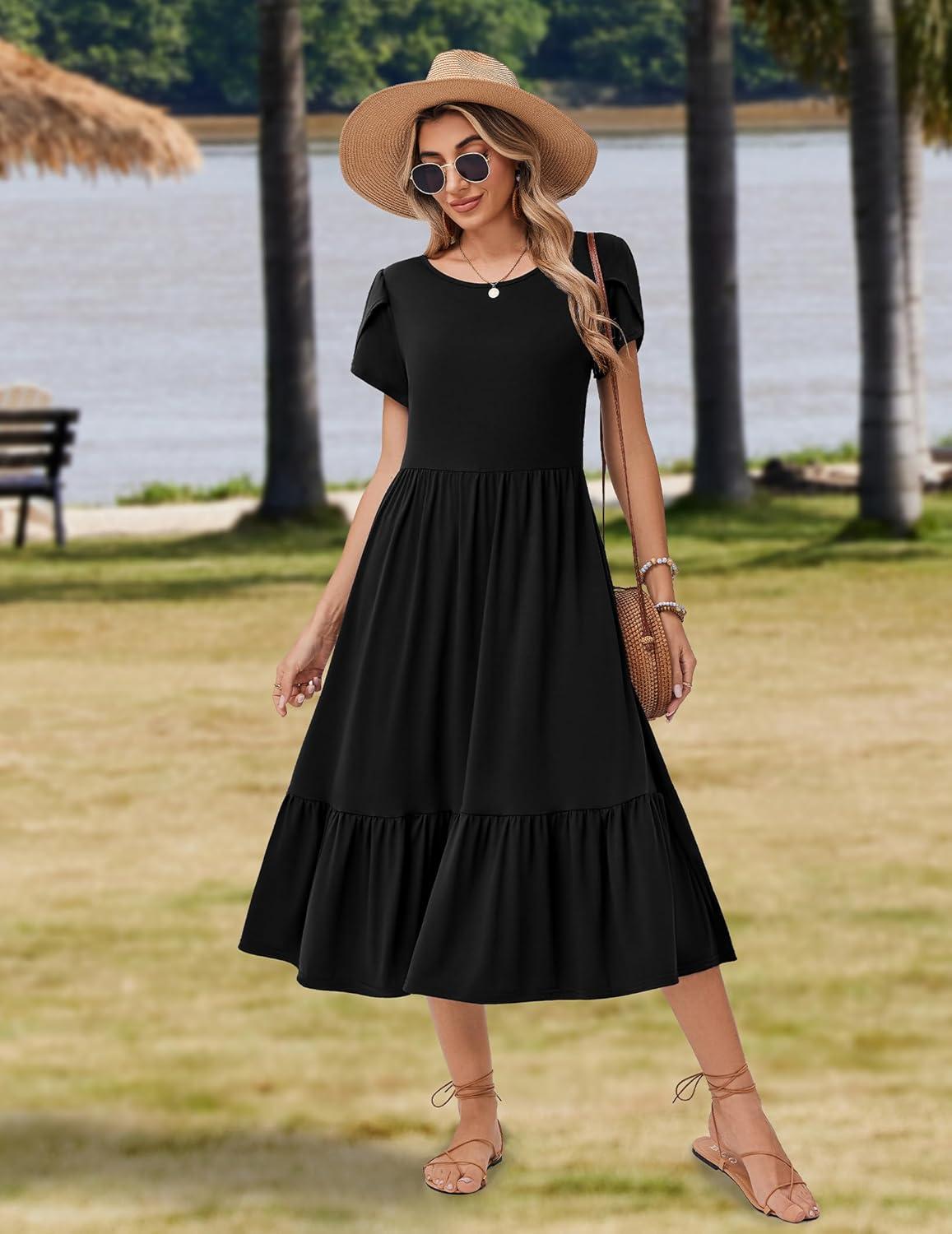 imageZeagoo Women Summer Midi A Line Dress Short Sleeve Casual Flowy Tiered Beach Long Sundress with Pockets 2026 Vacation TravelA03black