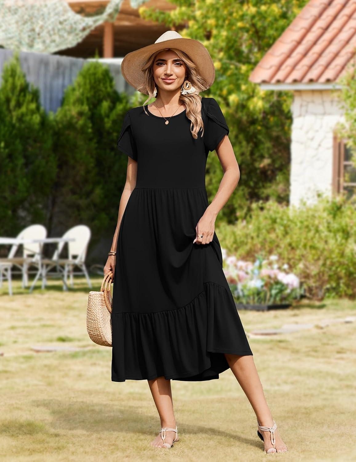 imageZeagoo Women Summer Midi A Line Dress Short Sleeve Casual Flowy Tiered Beach Long Sundress with Pockets 2026 Vacation TravelA03black