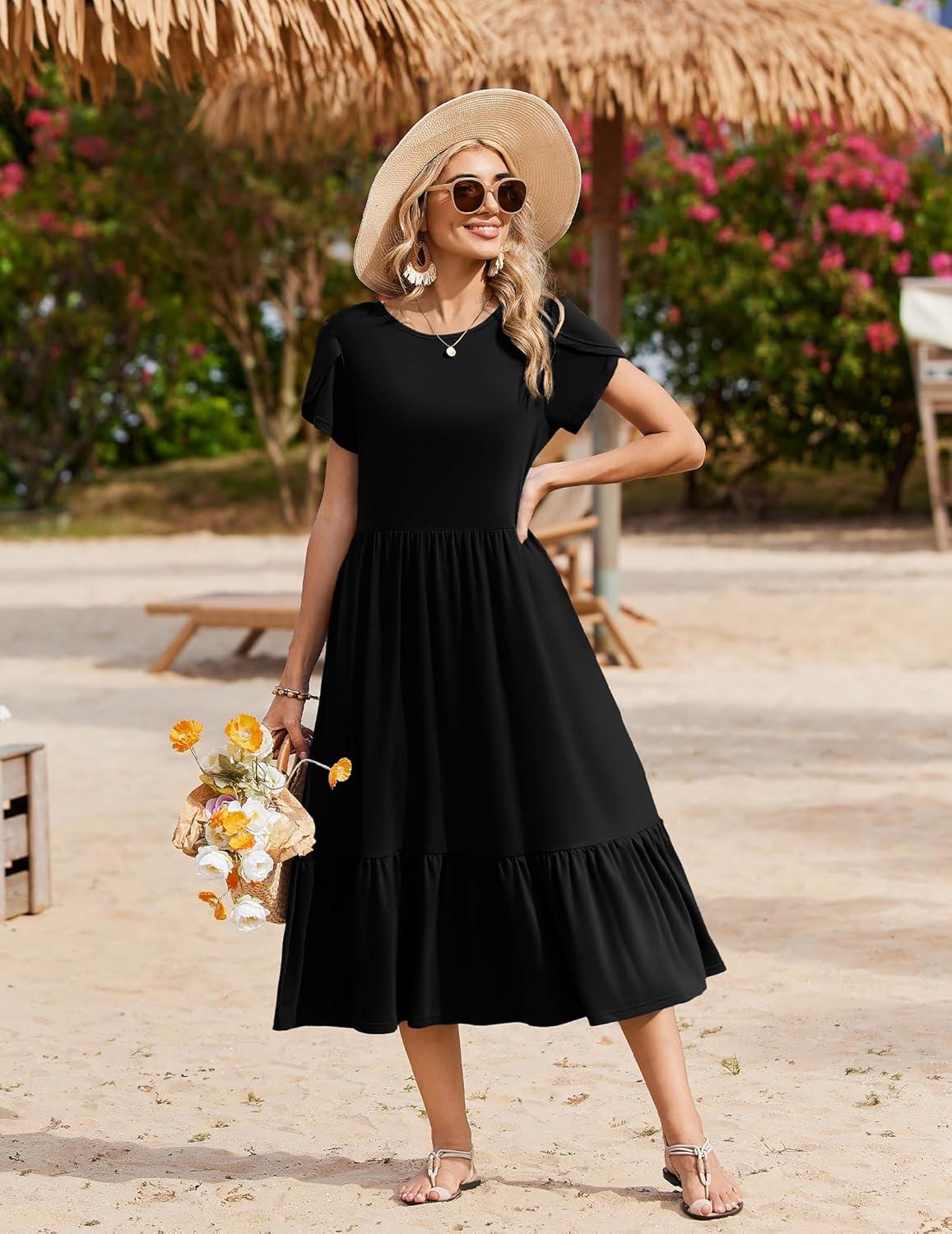 imageZeagoo Women Summer Midi A Line Dress Short Sleeve Casual Flowy Tiered Beach Long Sundress with Pockets 2026 Vacation TravelA03black