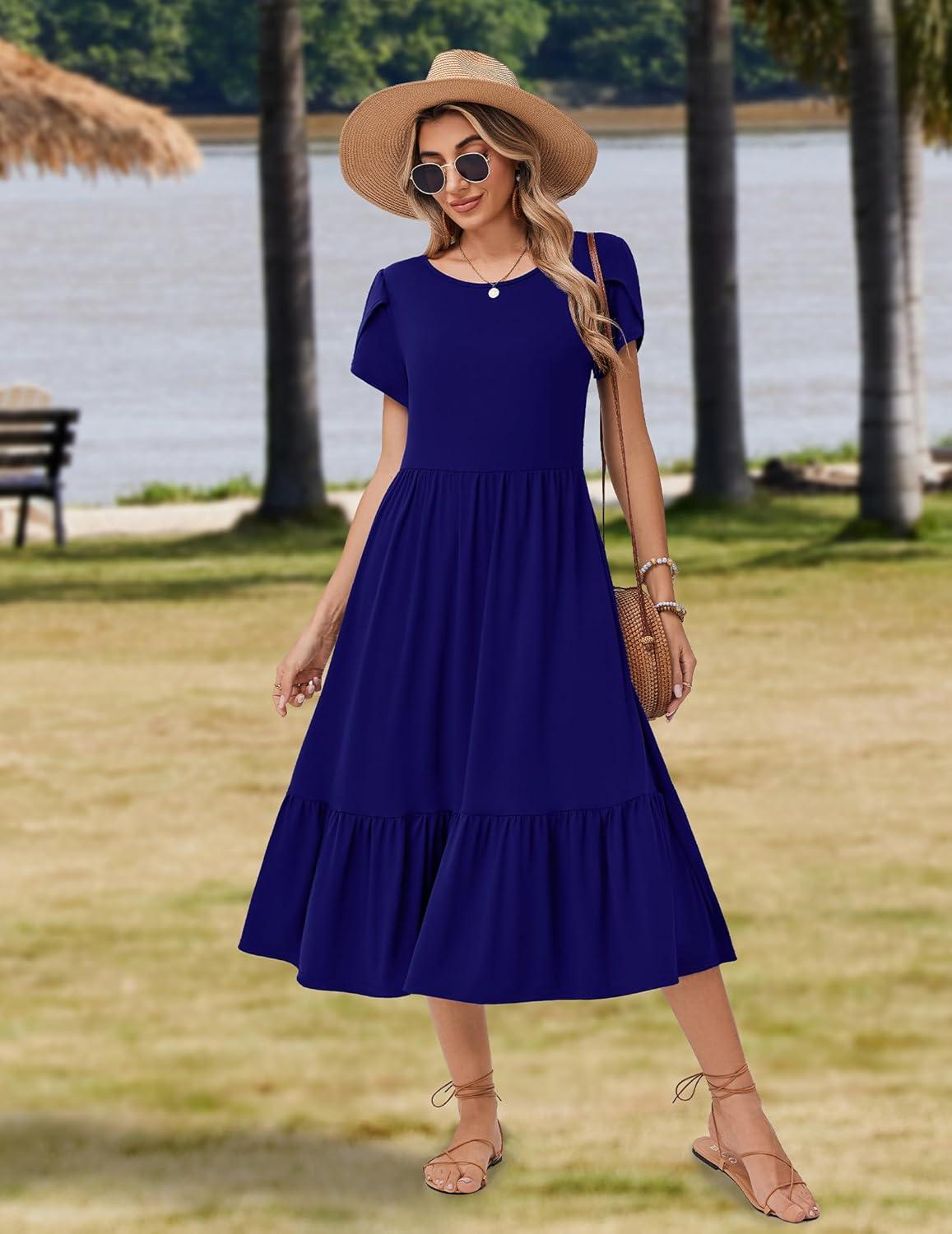 imageZeagoo Women Summer Midi A Line Dress Short Sleeve Casual Flowy Tiered Beach Long Sundress with Pockets 2026 Vacation TravelA04navy Blue