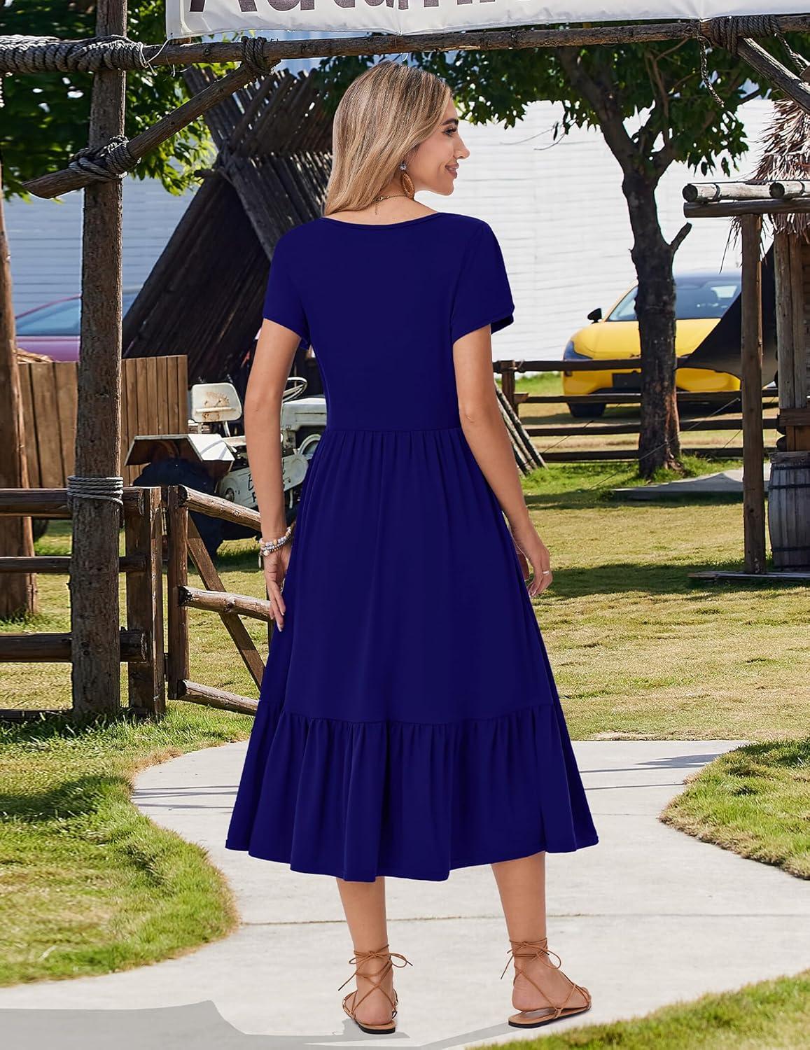 imageZeagoo Women Summer Midi A Line Dress Short Sleeve Casual Flowy Tiered Beach Long Sundress with Pockets 2026 Vacation TravelA04navy Blue