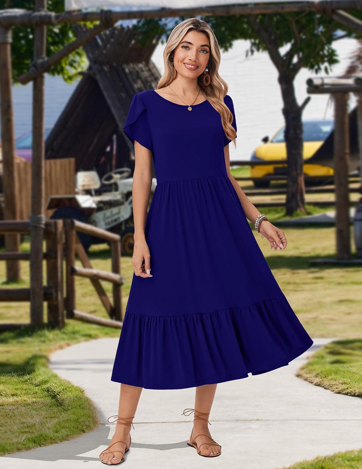 imageZeagoo Women Summer Midi A Line Dress Short Sleeve Casual Flowy Tiered Beach Long Sundress with Pockets 2026 Vacation TravelA04navy Blue