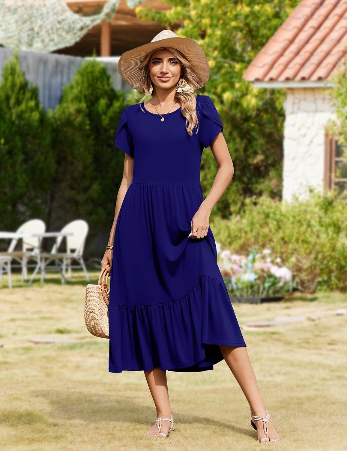 imageZeagoo Women Summer Midi A Line Dress Short Sleeve Casual Flowy Tiered Beach Long Sundress with Pockets 2026 Vacation TravelA04navy Blue