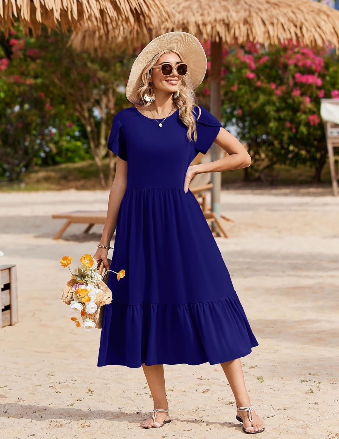 imageZeagoo Women Summer Midi A Line Dress Short Sleeve Casual Flowy Tiered Beach Long Sundress with Pockets 2026 Vacation TravelA04navy Blue