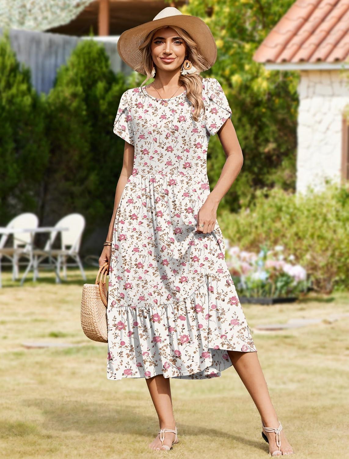 imageZeagoo Women Summer Midi A Line Dress Short Sleeve Casual Flowy Tiered Beach Long Sundress with Pockets 2026 Vacation TravelBf310