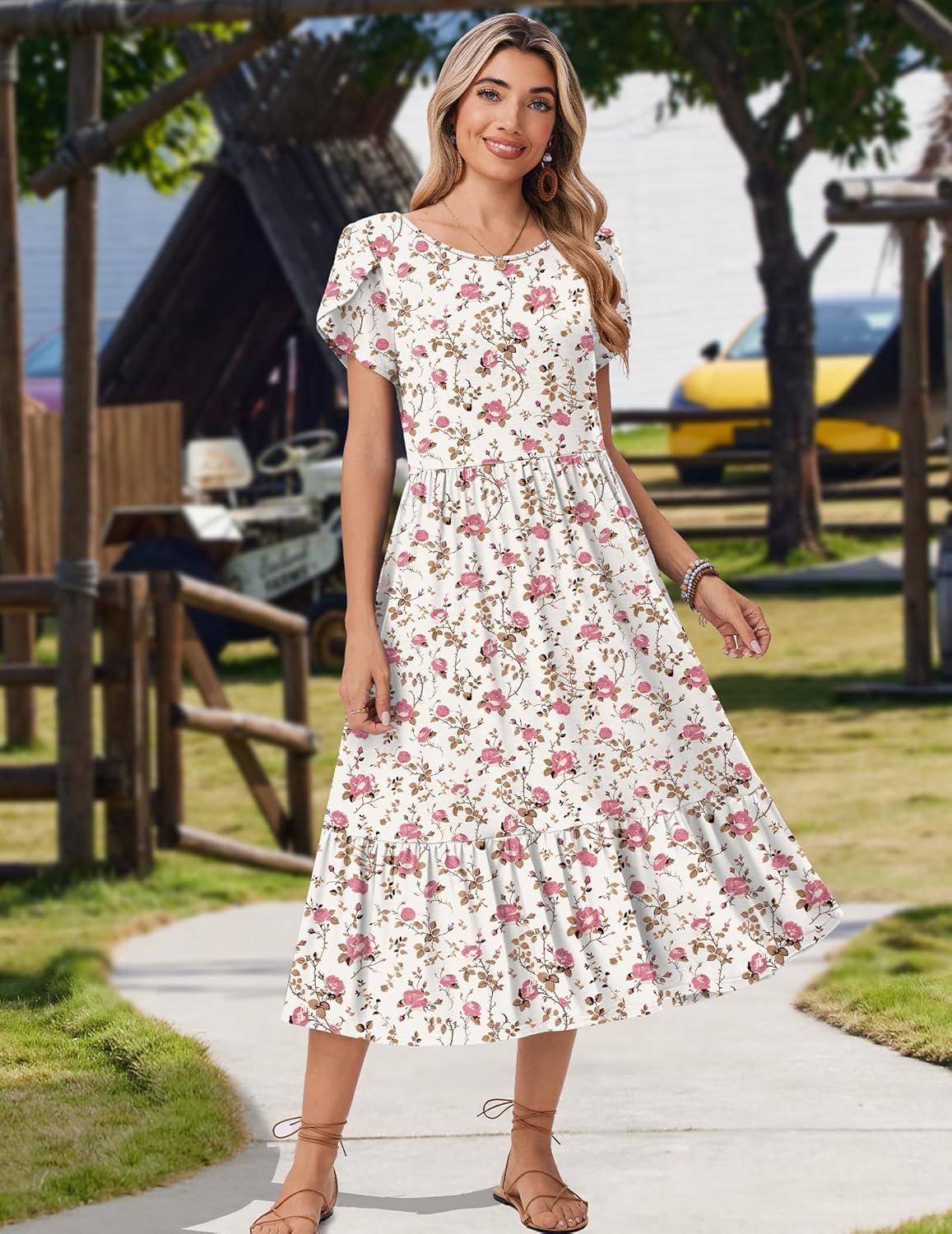 imageZeagoo Women Summer Midi A Line Dress Short Sleeve Casual Flowy Tiered Beach Long Sundress with Pockets 2026 Vacation TravelBf310