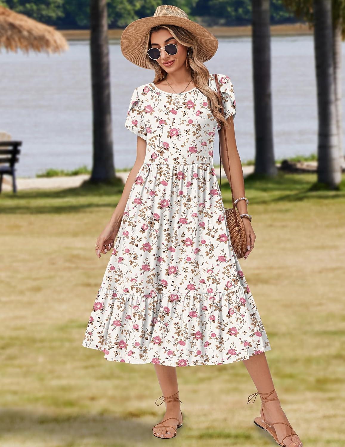 imageZeagoo Women Summer Midi A Line Dress Short Sleeve Casual Flowy Tiered Beach Long Sundress with Pockets 2026 Vacation TravelBf310