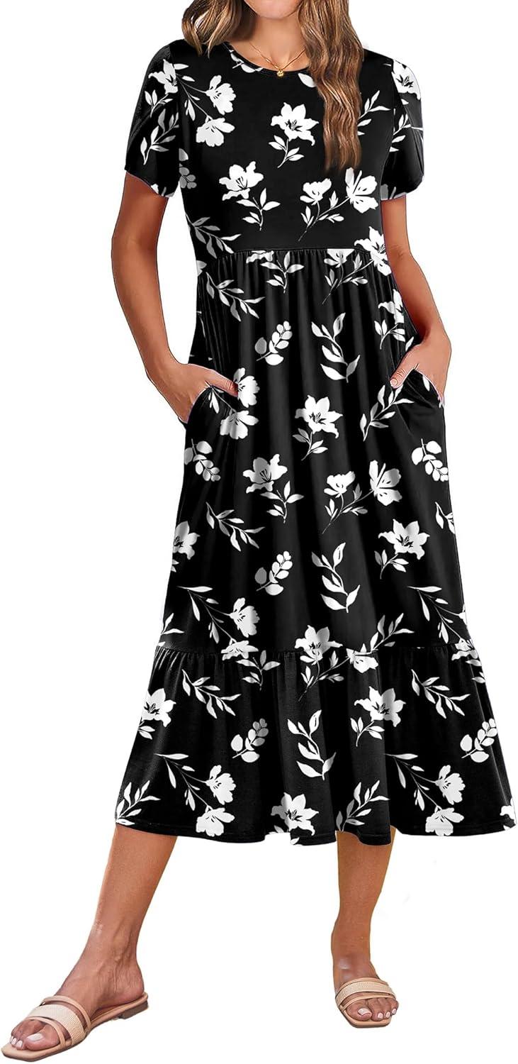 imageZeagoo Women Summer Midi A Line Dress Short Sleeve Casual Flowy Tiered Beach Long Sundress with Pockets 2026 Vacation TravelBlack White Floral