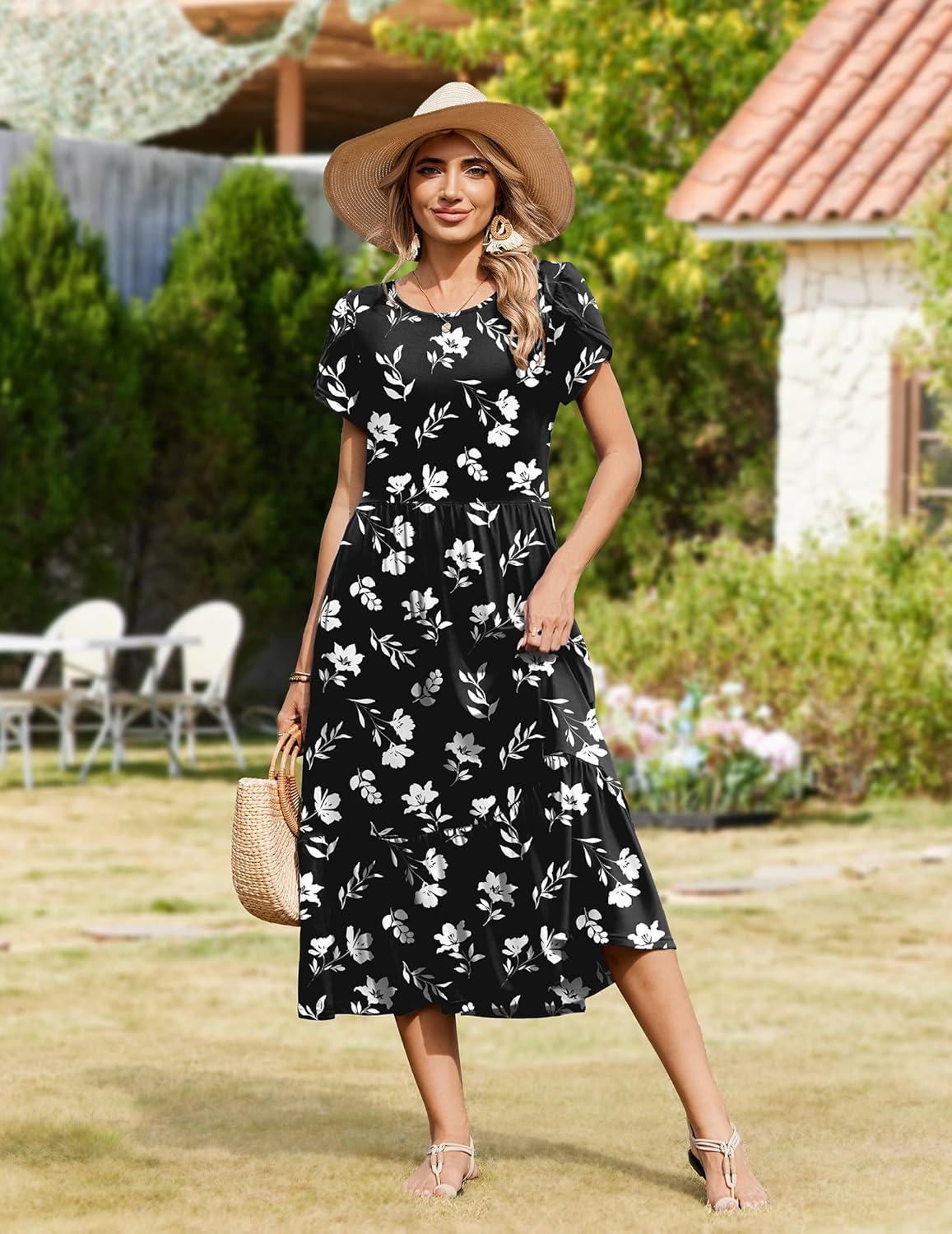 imageZeagoo Women Summer Midi A Line Dress Short Sleeve Casual Flowy Tiered Beach Long Sundress with Pockets 2026 Vacation TravelBlack White Floral