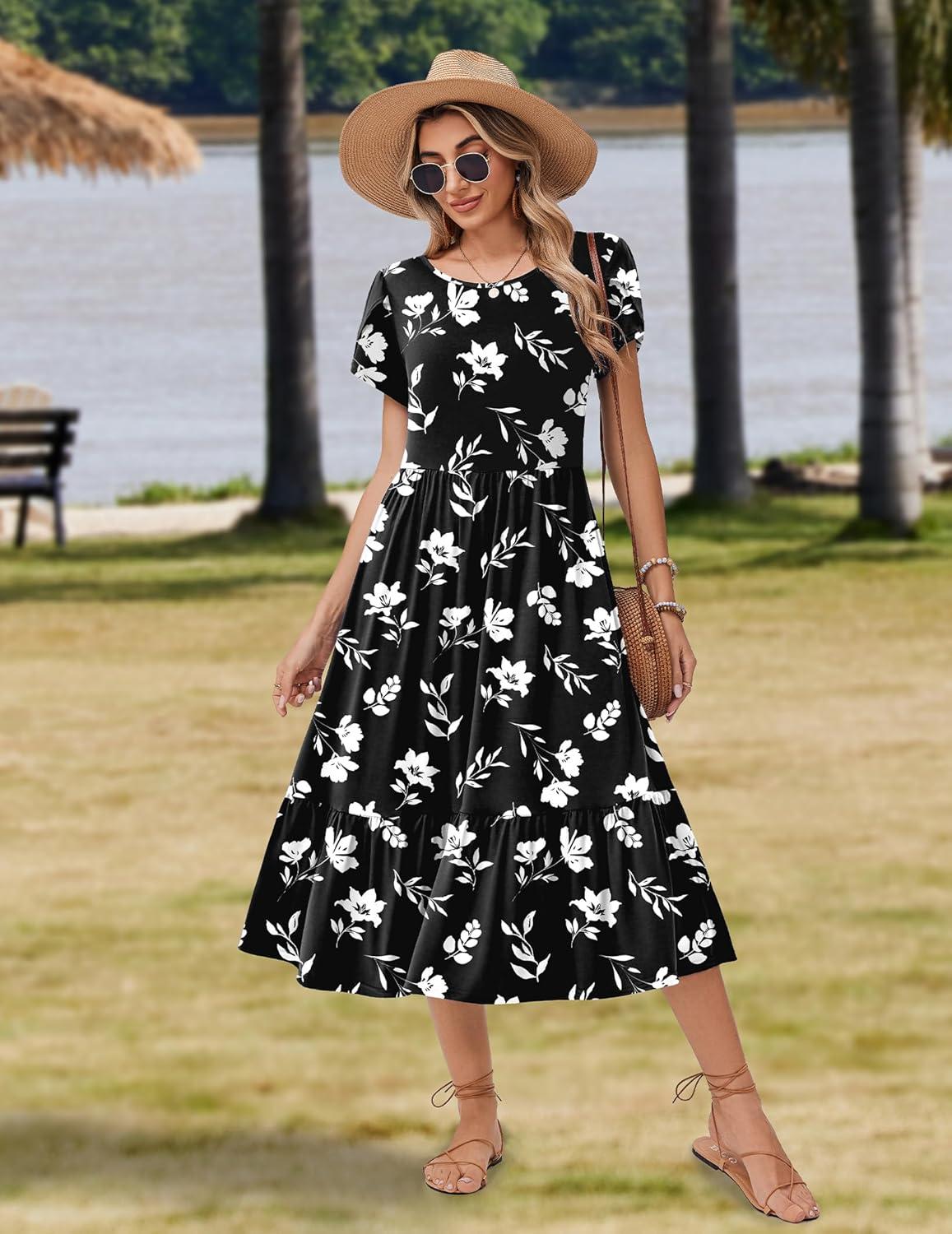 imageZeagoo Women Summer Midi A Line Dress Short Sleeve Casual Flowy Tiered Beach Long Sundress with Pockets 2026 Vacation TravelBlack White Floral