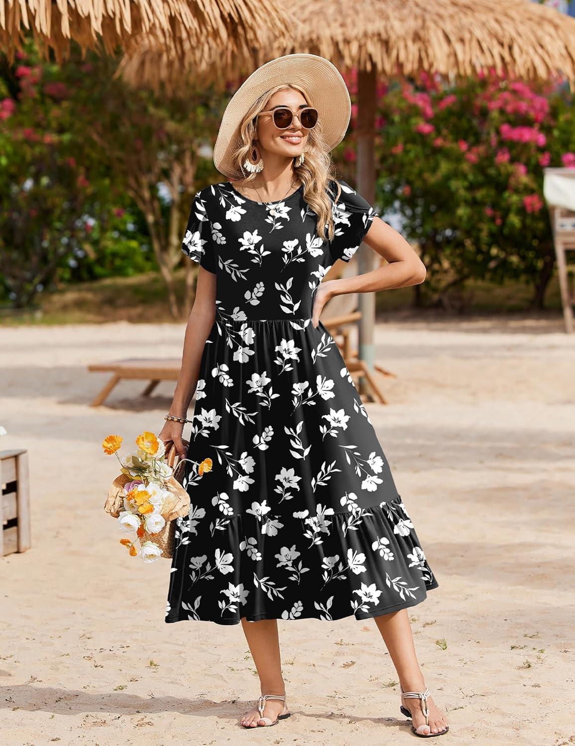 imageZeagoo Women Summer Midi A Line Dress Short Sleeve Casual Flowy Tiered Beach Long Sundress with Pockets 2026 Vacation TravelBlack White Floral
