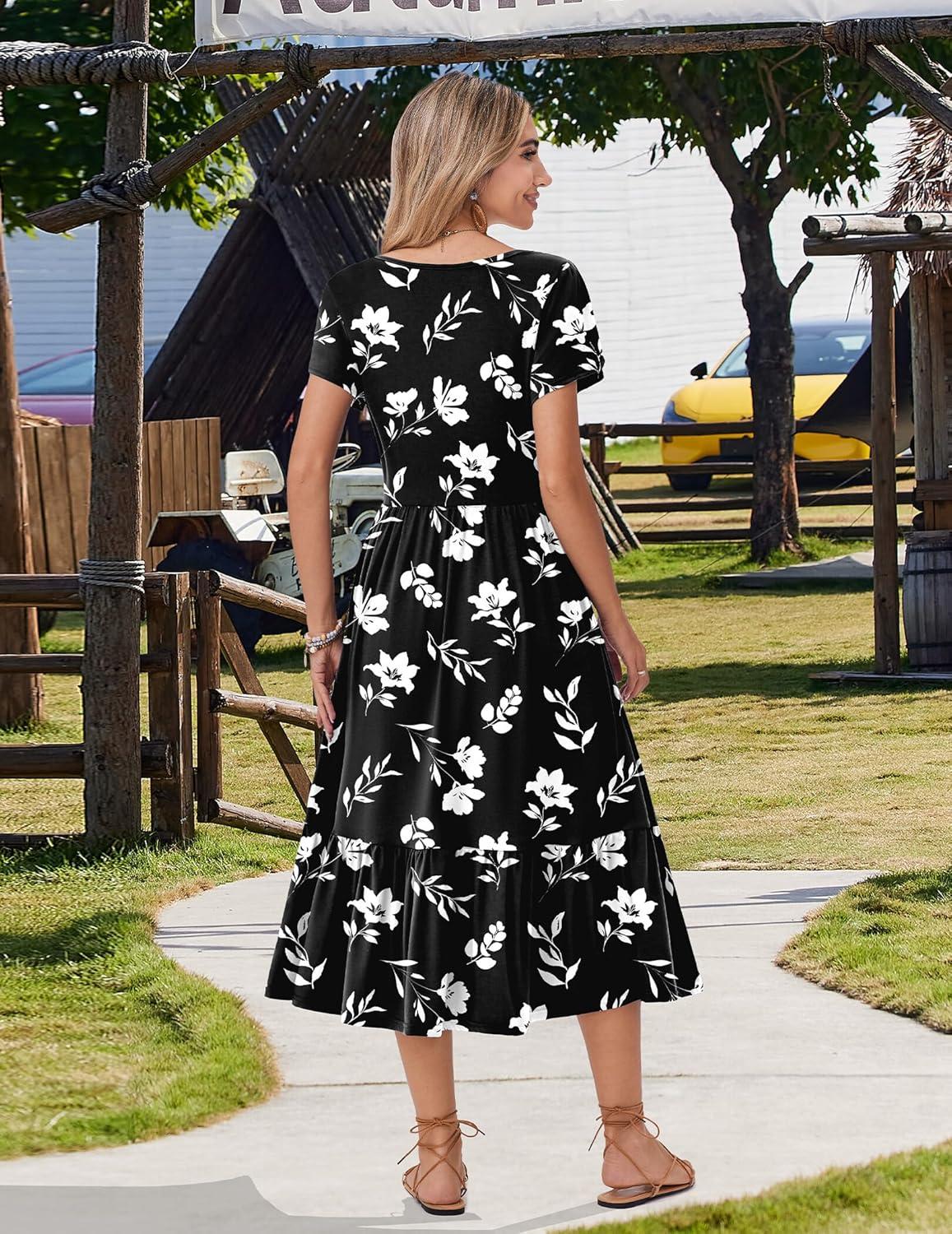 imageZeagoo Women Summer Midi A Line Dress Short Sleeve Casual Flowy Tiered Beach Long Sundress with Pockets 2026 Vacation TravelBlack White Floral
