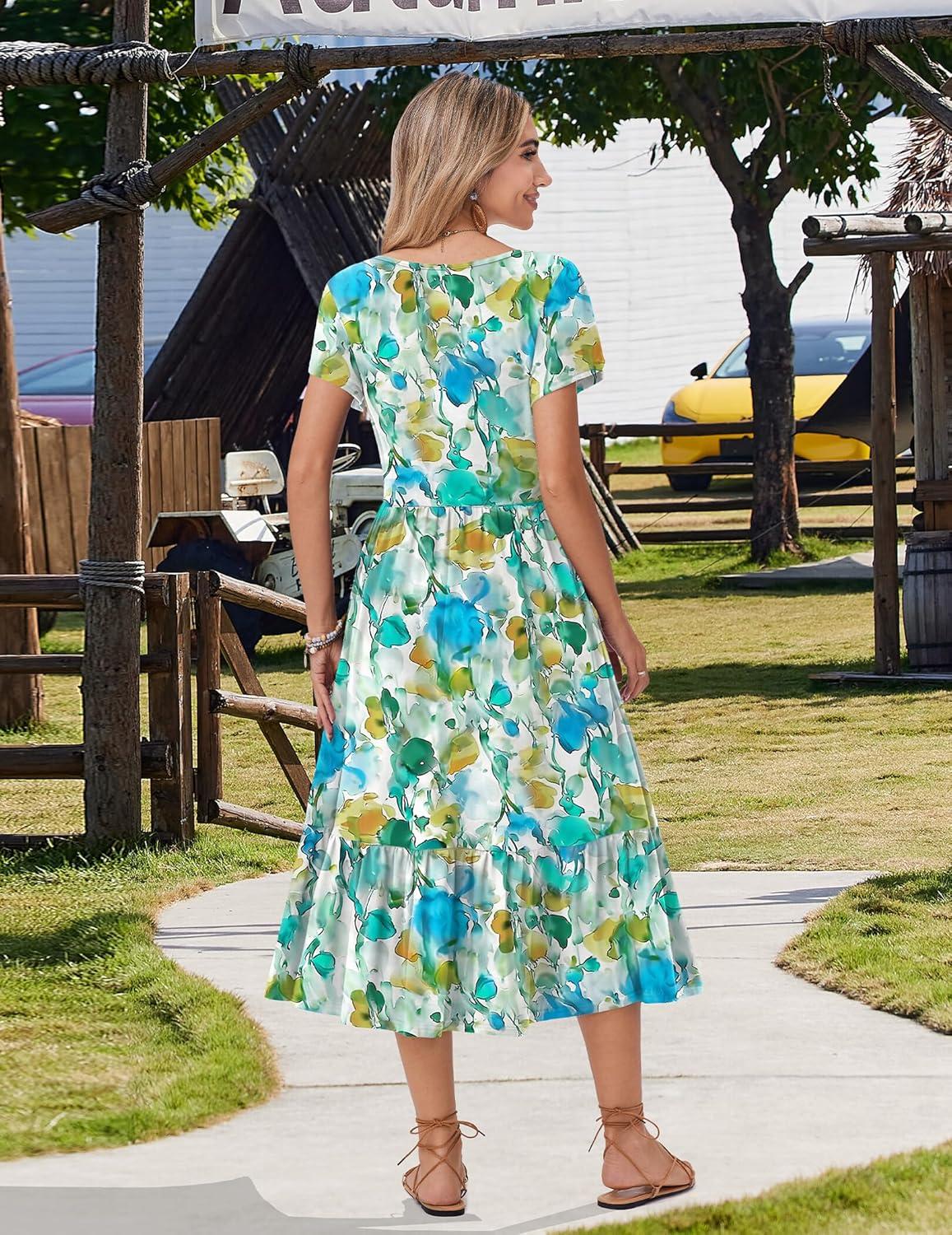imageZeagoo Women Summer Midi A Line Dress Short Sleeve Casual Flowy Tiered Beach Long Sundress with Pockets 2026 Vacation TravelBlue Brown Floral