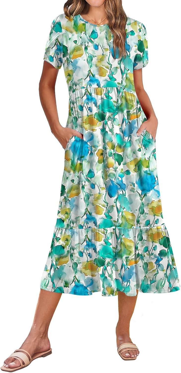 imageZeagoo Women Summer Midi A Line Dress Short Sleeve Casual Flowy Tiered Beach Long Sundress with Pockets 2026 Vacation TravelBlue Brown Floral