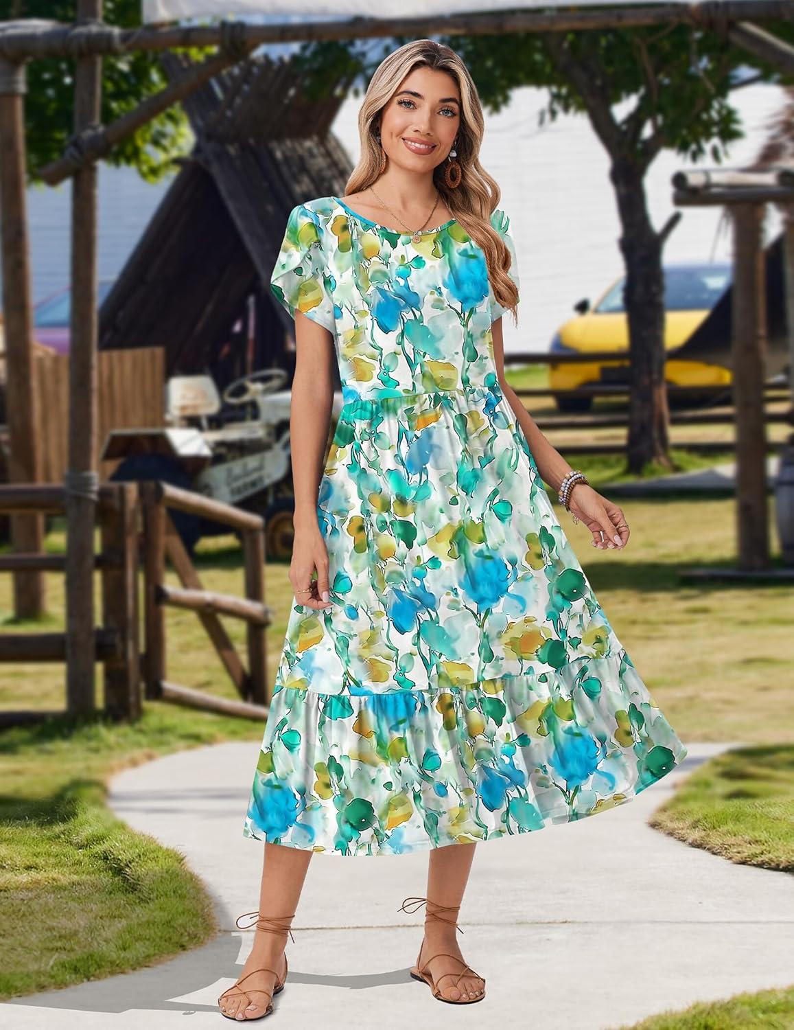 imageZeagoo Women Summer Midi A Line Dress Short Sleeve Casual Flowy Tiered Beach Long Sundress with Pockets 2026 Vacation TravelBlue Brown Floral