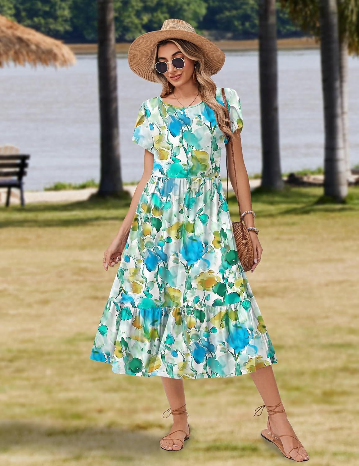 imageZeagoo Women Summer Midi A Line Dress Short Sleeve Casual Flowy Tiered Beach Long Sundress with Pockets 2026 Vacation TravelBlue Brown Floral