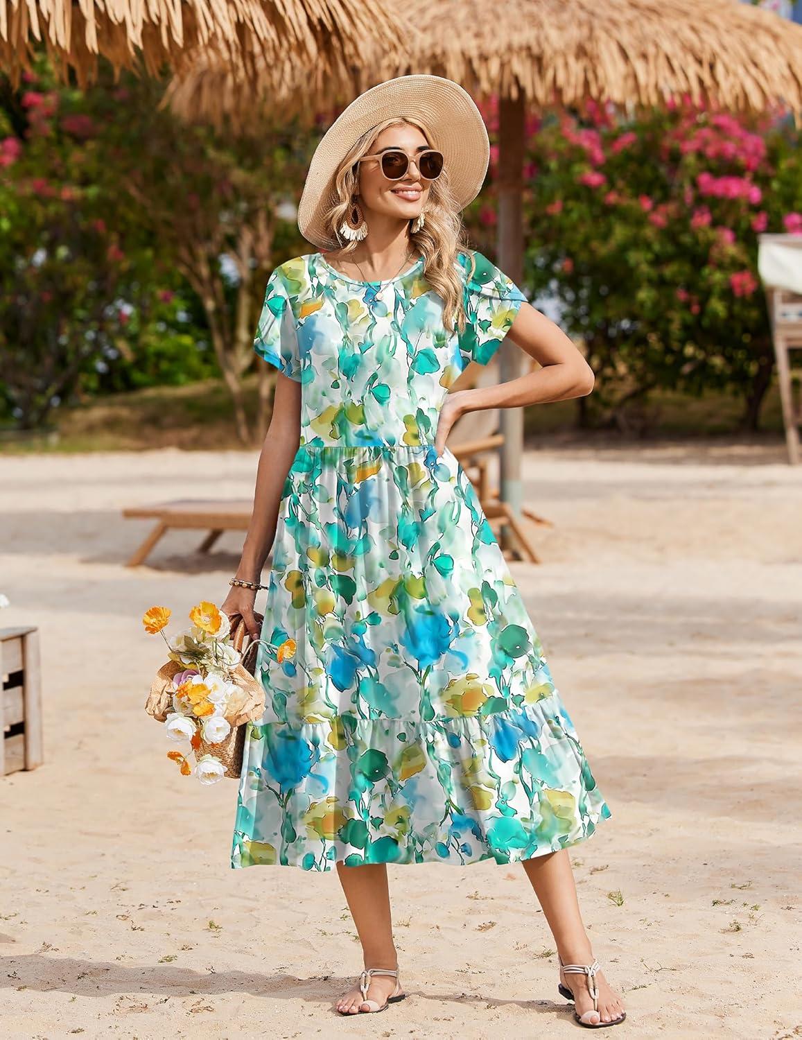 imageZeagoo Women Summer Midi A Line Dress Short Sleeve Casual Flowy Tiered Beach Long Sundress with Pockets 2026 Vacation TravelBlue Brown Floral