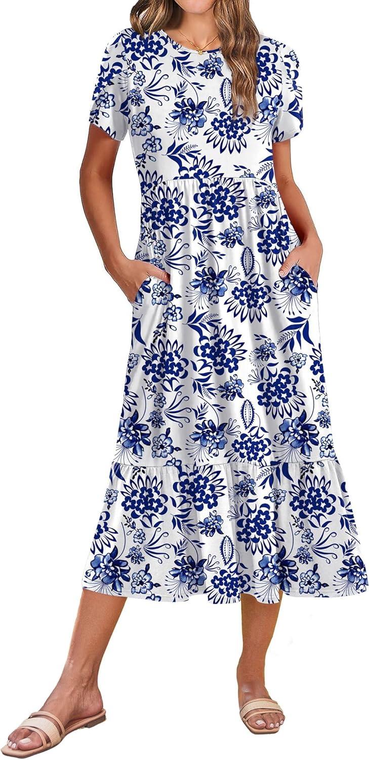 imageZeagoo Women Summer Midi A Line Dress Short Sleeve Casual Flowy Tiered Beach Long Sundress with Pockets 2026 Vacation TravelBlue Floral