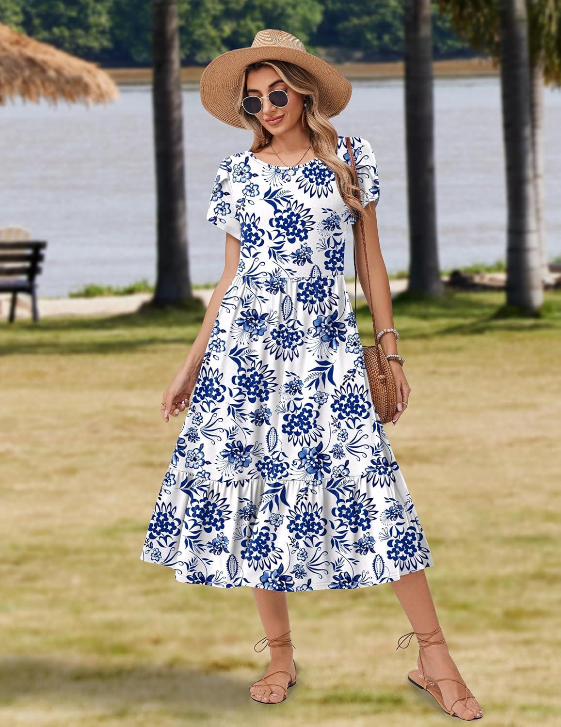 imageZeagoo Women Summer Midi A Line Dress Short Sleeve Casual Flowy Tiered Beach Long Sundress with Pockets 2026 Vacation TravelBlue Floral