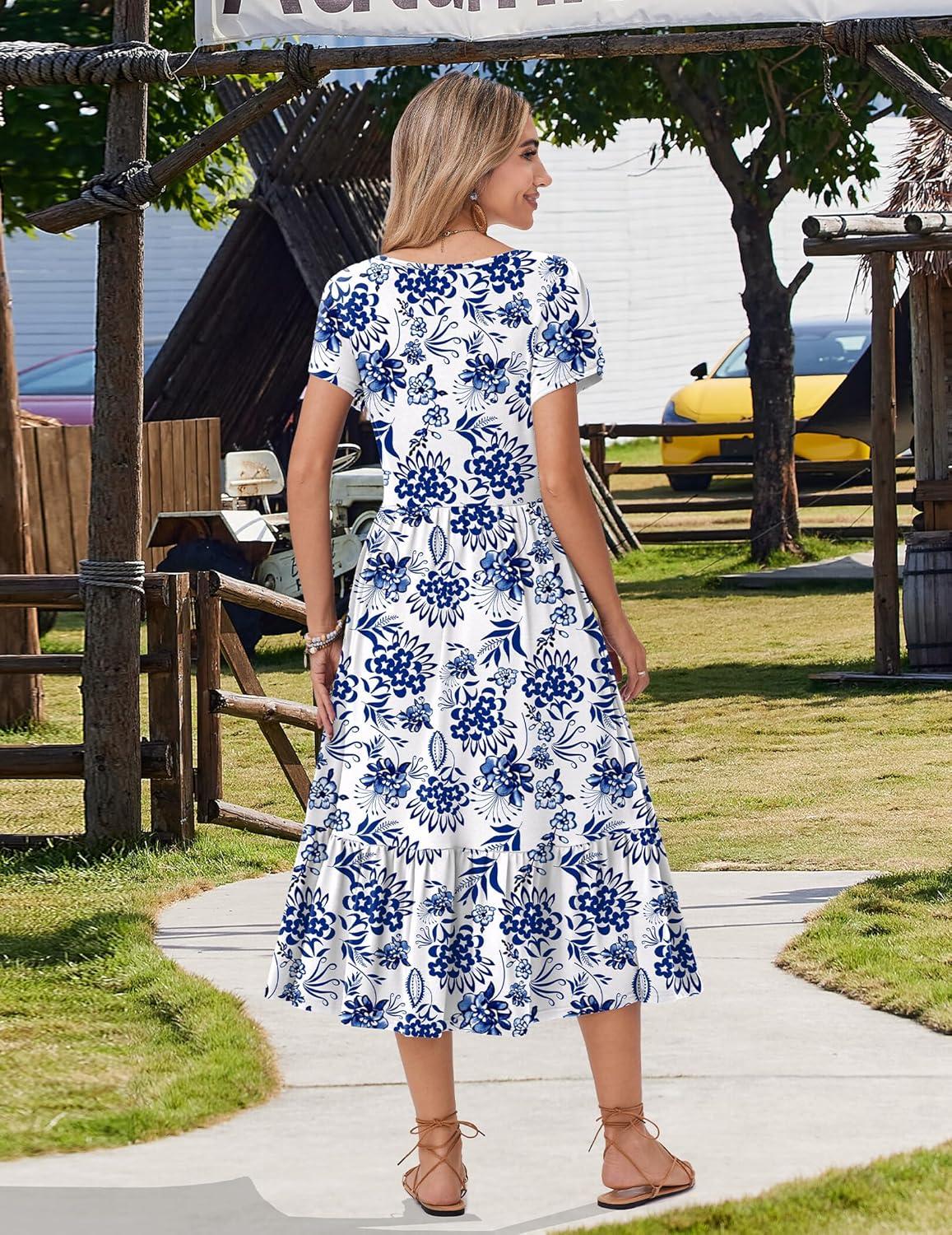 imageZeagoo Women Summer Midi A Line Dress Short Sleeve Casual Flowy Tiered Beach Long Sundress with Pockets 2026 Vacation TravelBlue Floral