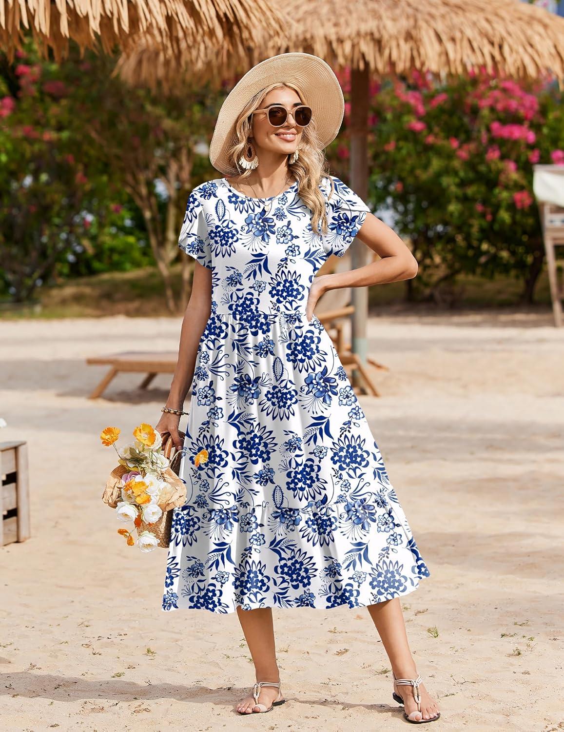 imageZeagoo Women Summer Midi A Line Dress Short Sleeve Casual Flowy Tiered Beach Long Sundress with Pockets 2026 Vacation TravelBlue Floral