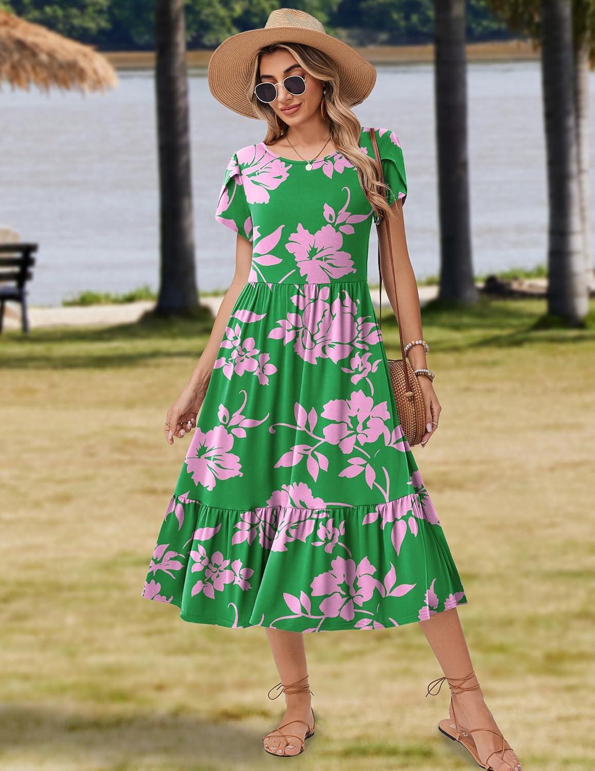 imageZeagoo Women Summer Midi A Line Dress Short Sleeve Casual Flowy Tiered Beach Long Sundress with Pockets 2026 Vacation TravelDh594