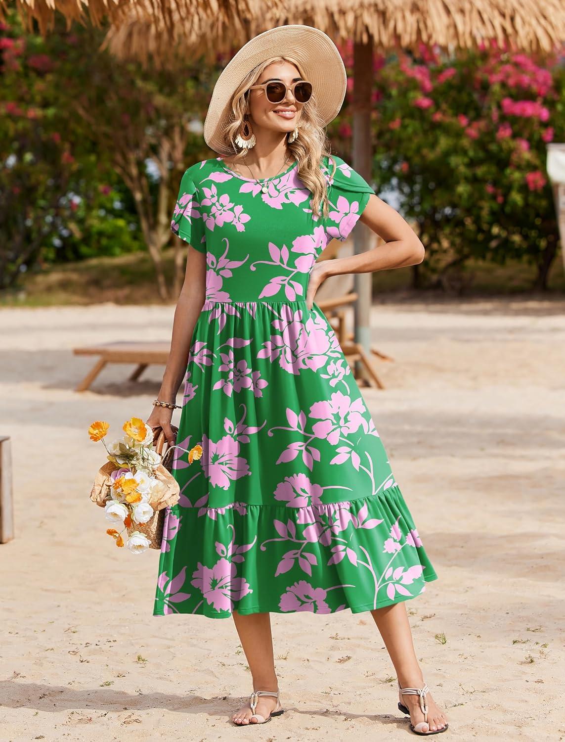 imageZeagoo Women Summer Midi A Line Dress Short Sleeve Casual Flowy Tiered Beach Long Sundress with Pockets 2026 Vacation TravelDh594
