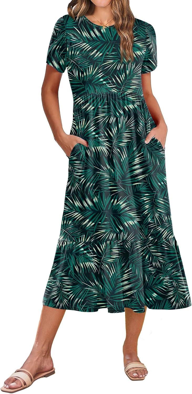 imageZeagoo Women Summer Midi A Line Dress Short Sleeve Casual Flowy Tiered Beach Long Sundress with Pockets 2026 Vacation TravelGreen Leaf
