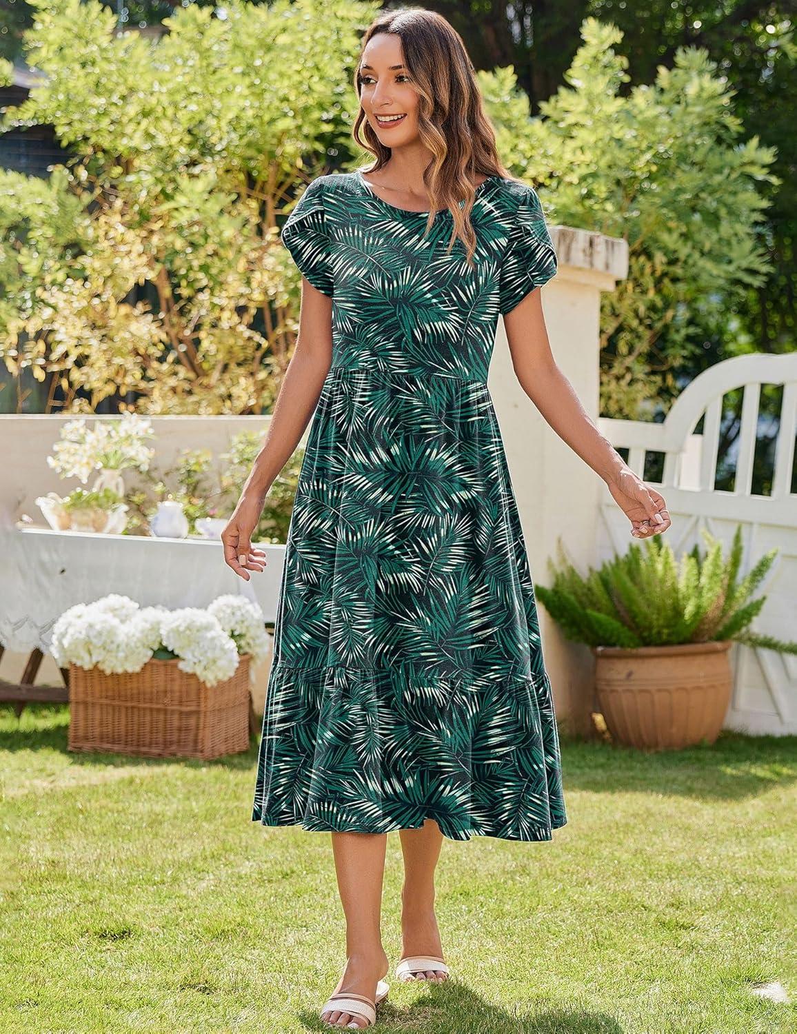 imageZeagoo Women Summer Midi A Line Dress Short Sleeve Casual Flowy Tiered Beach Long Sundress with Pockets 2026 Vacation TravelGreen Leaf