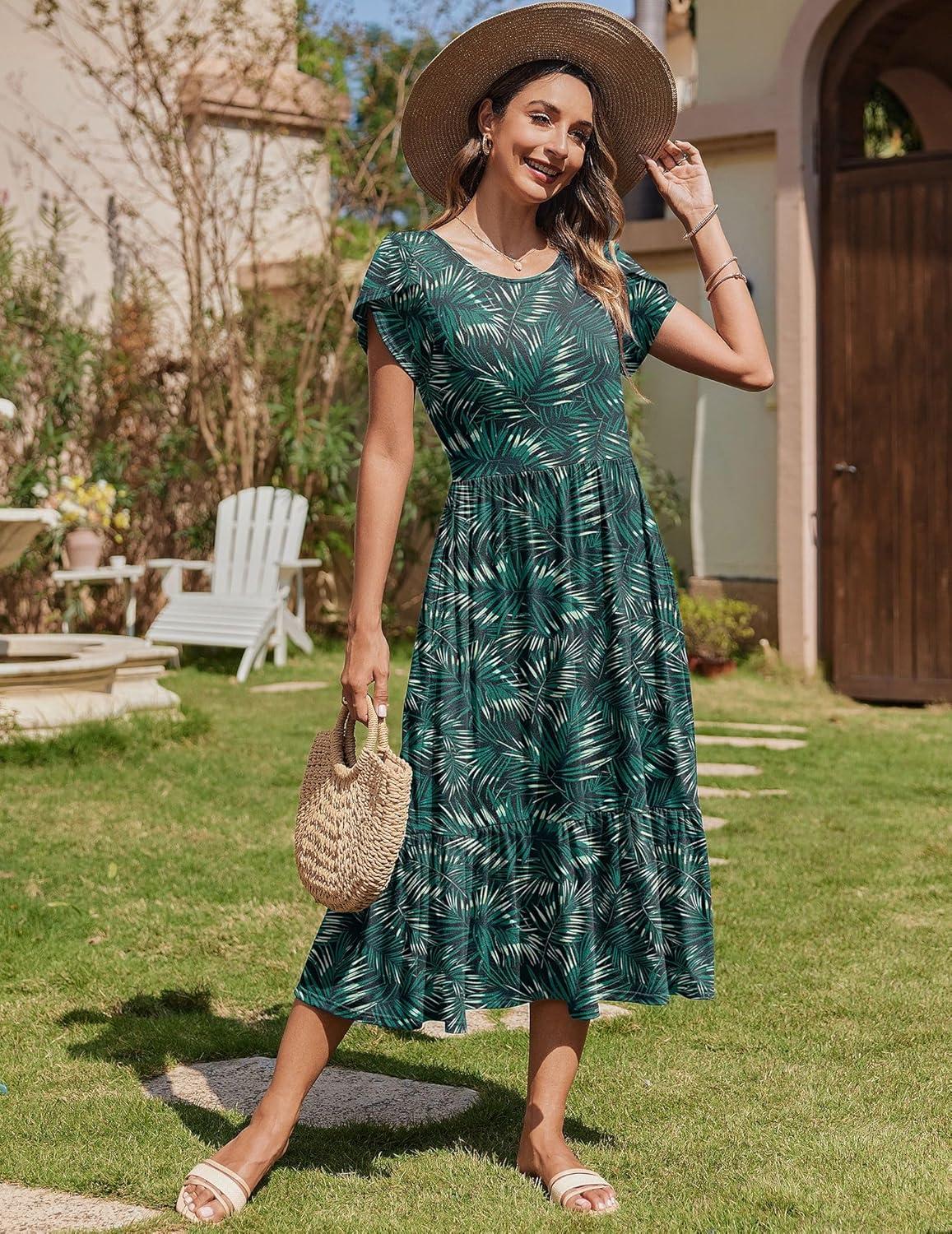 imageZeagoo Women Summer Midi A Line Dress Short Sleeve Casual Flowy Tiered Beach Long Sundress with Pockets 2026 Vacation TravelGreen Leaf