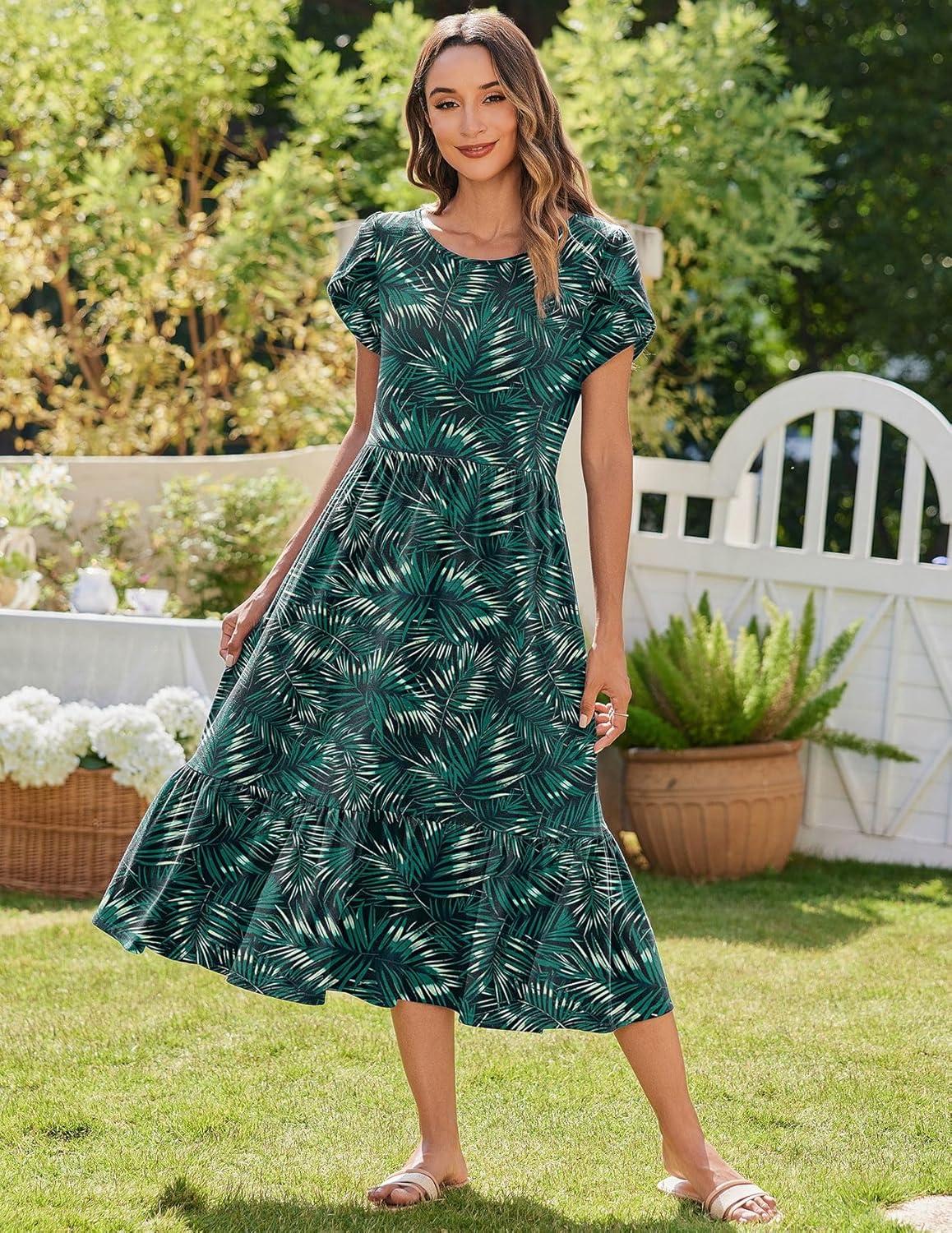 imageZeagoo Women Summer Midi A Line Dress Short Sleeve Casual Flowy Tiered Beach Long Sundress with Pockets 2026 Vacation TravelGreen Leaf