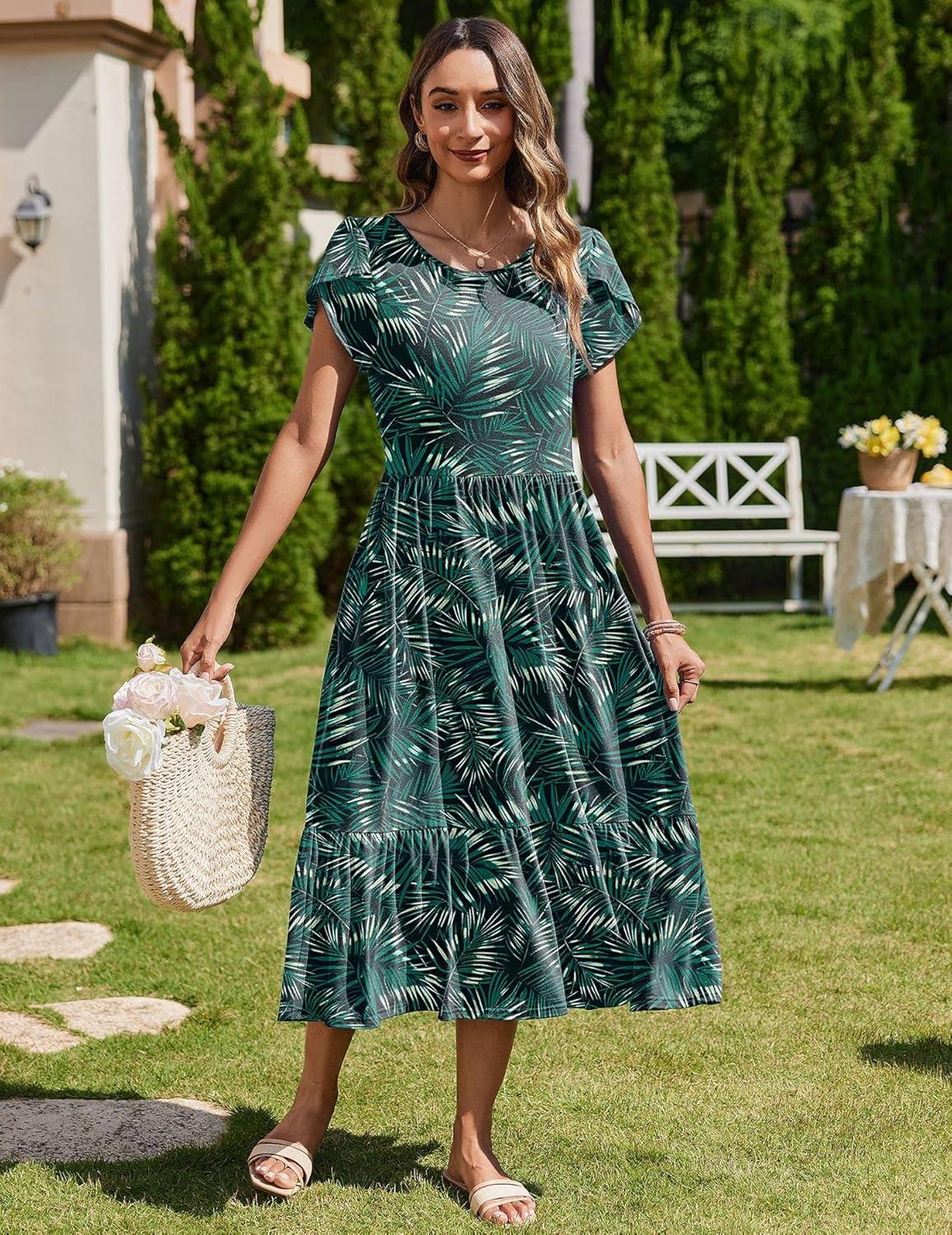 imageZeagoo Women Summer Midi A Line Dress Short Sleeve Casual Flowy Tiered Beach Long Sundress with Pockets 2026 Vacation TravelGreen Leaf