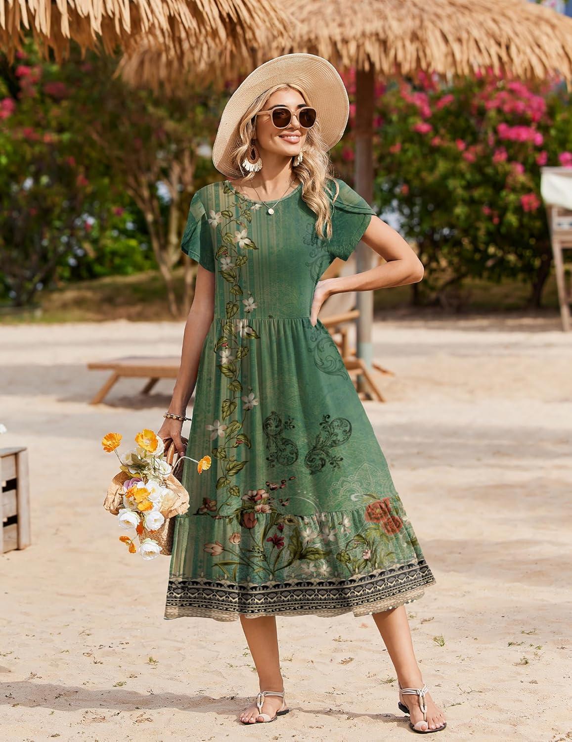 imageZeagoo Women Summer Midi A Line Dress Short Sleeve Casual Flowy Tiered Beach Long Sundress with Pockets 2026 Vacation TravelMz840