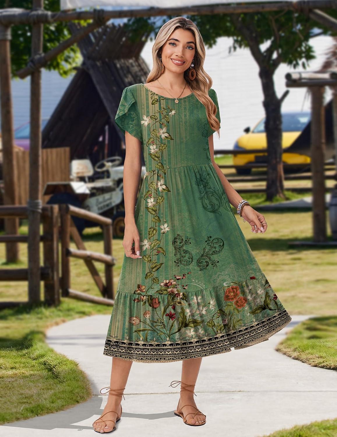 imageZeagoo Women Summer Midi A Line Dress Short Sleeve Casual Flowy Tiered Beach Long Sundress with Pockets 2026 Vacation TravelMz840