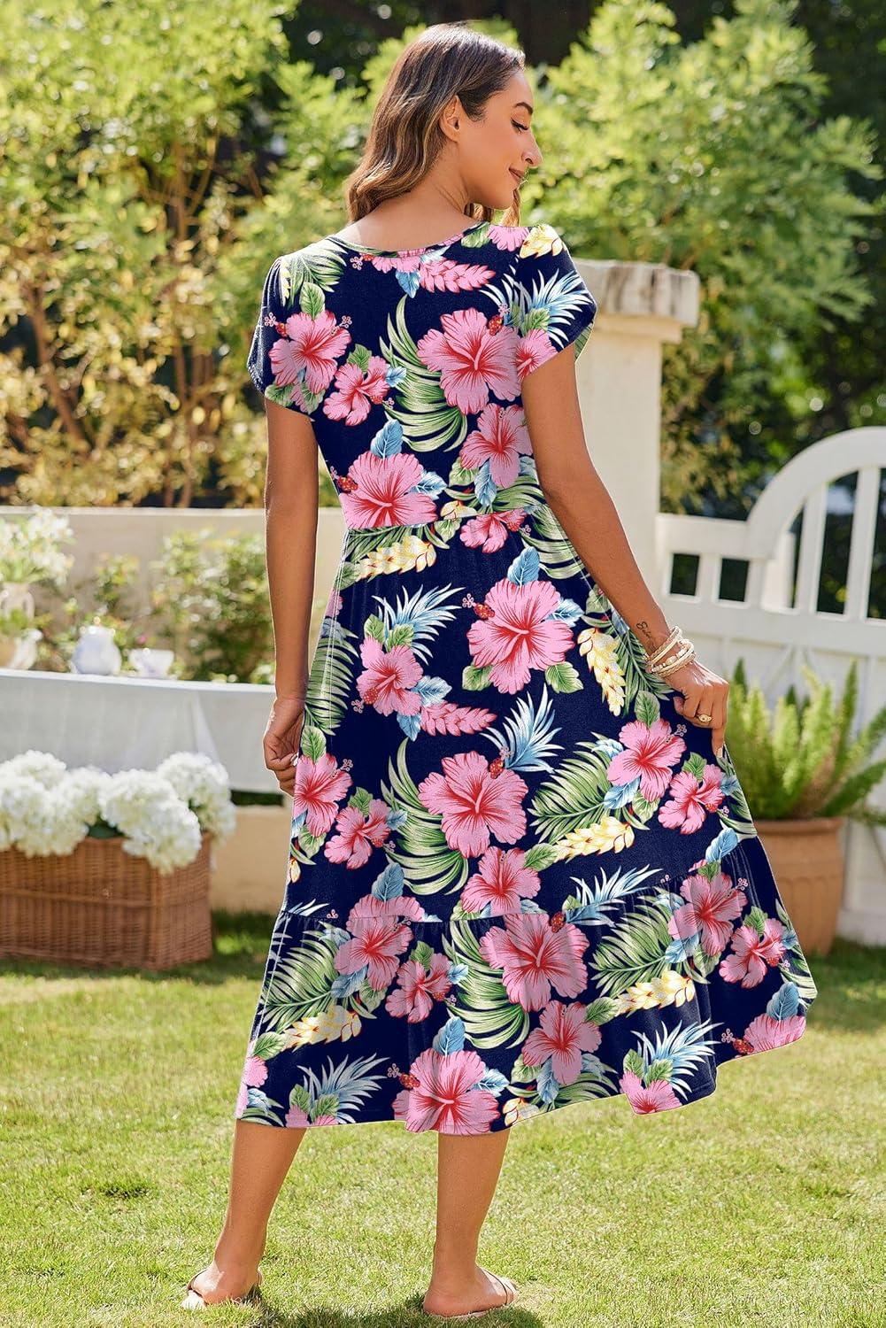 imageZeagoo Women Summer Midi A Line Dress Short Sleeve Casual Flowy Tiered Beach Long Sundress with Pockets 2026 Vacation TravelPink Floral