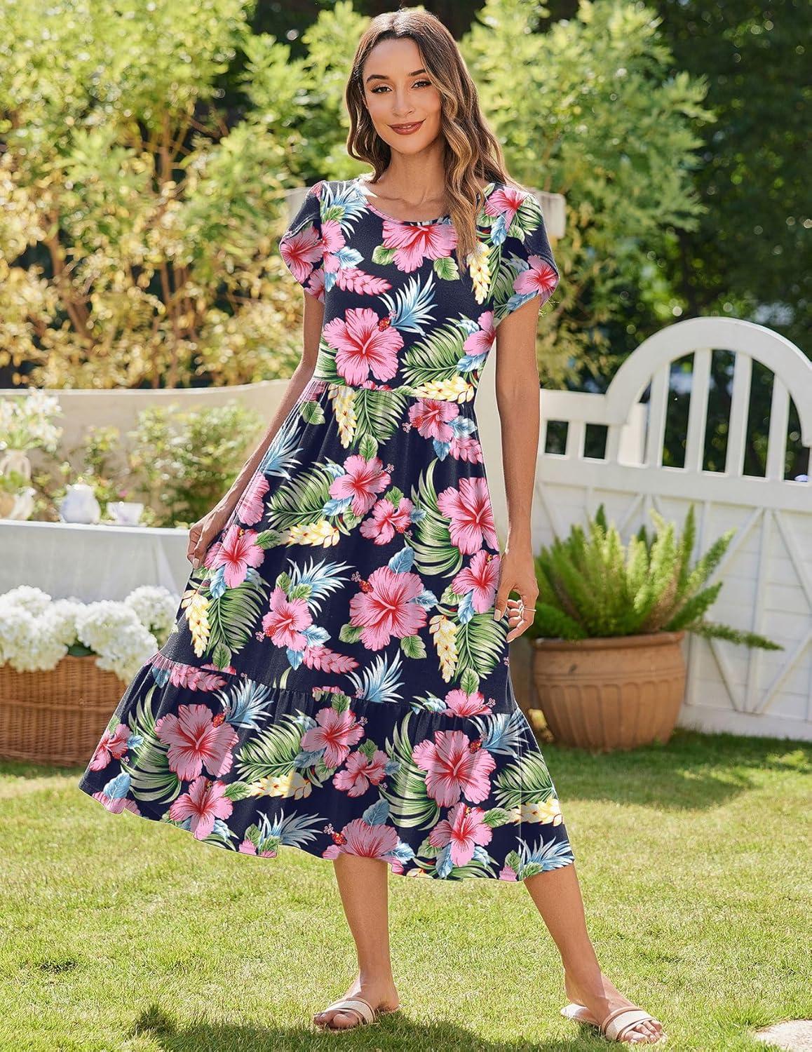 imageZeagoo Women Summer Midi A Line Dress Short Sleeve Casual Flowy Tiered Beach Long Sundress with Pockets 2026 Vacation TravelPink Floral