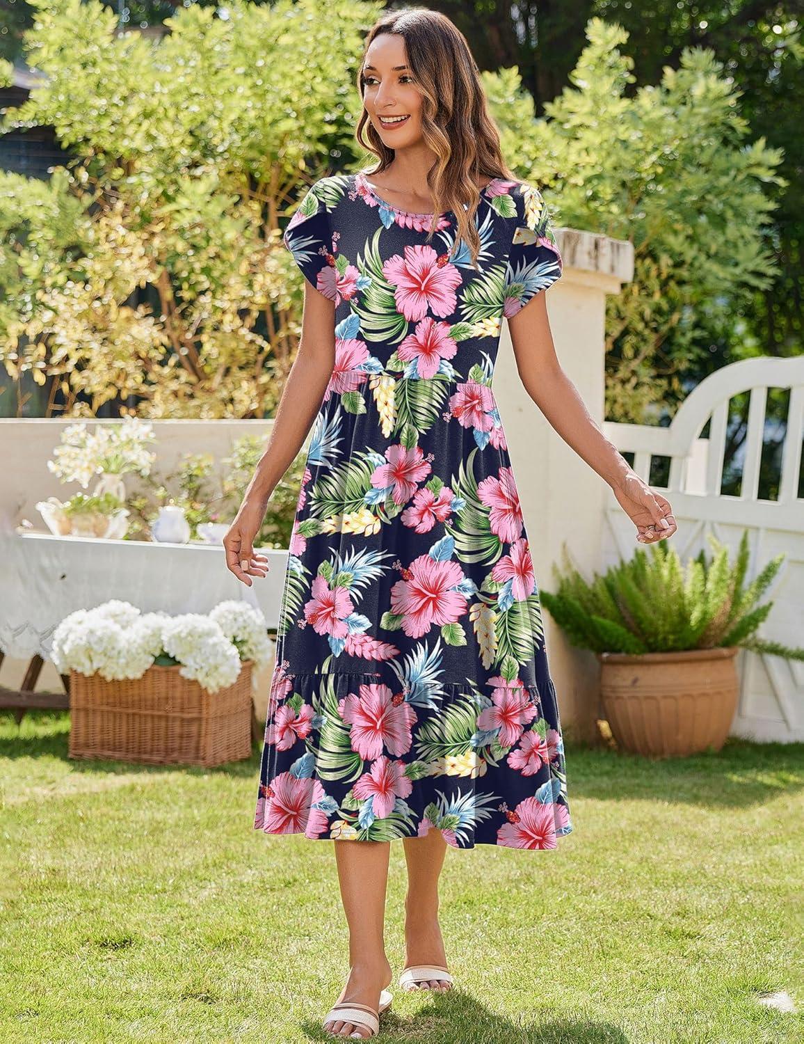 imageZeagoo Women Summer Midi A Line Dress Short Sleeve Casual Flowy Tiered Beach Long Sundress with Pockets 2026 Vacation TravelPink Floral