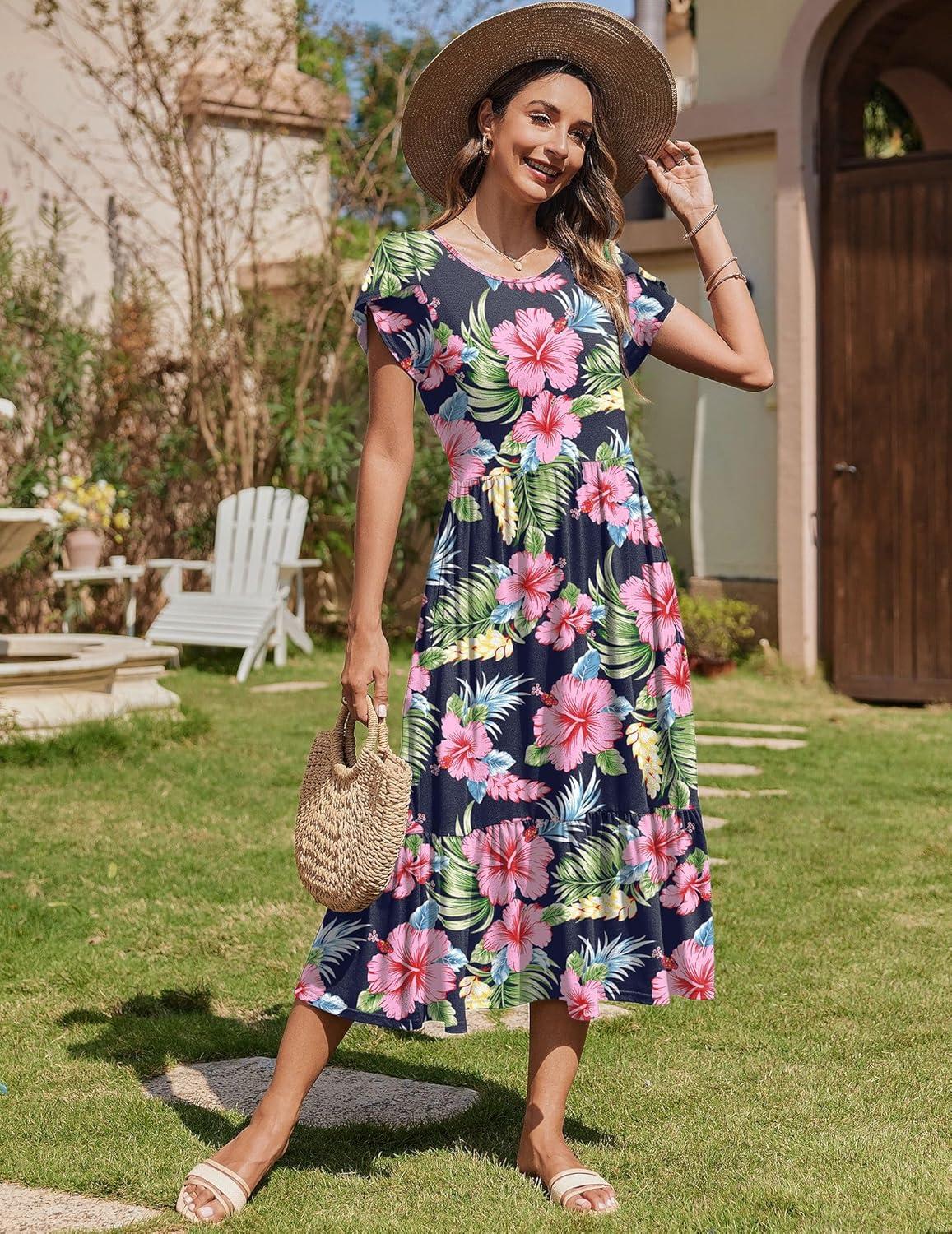 imageZeagoo Women Summer Midi A Line Dress Short Sleeve Casual Flowy Tiered Beach Long Sundress with Pockets 2026 Vacation TravelPink Floral