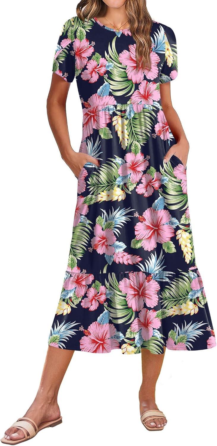 imageZeagoo Women Summer Midi A Line Dress Short Sleeve Casual Flowy Tiered Beach Long Sundress with Pockets 2026 Vacation TravelPink Floral